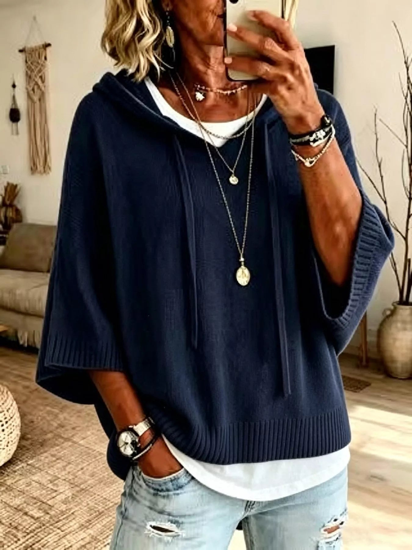 Full Size Casual Hooded Batwing Sleeve Knit Sweater Plus Size