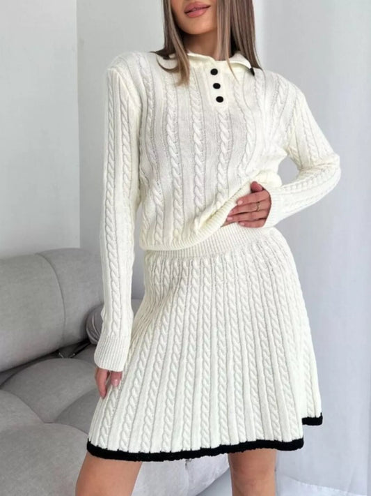 Cable Knit Long Sleeve Top and Skirt Sweater Set