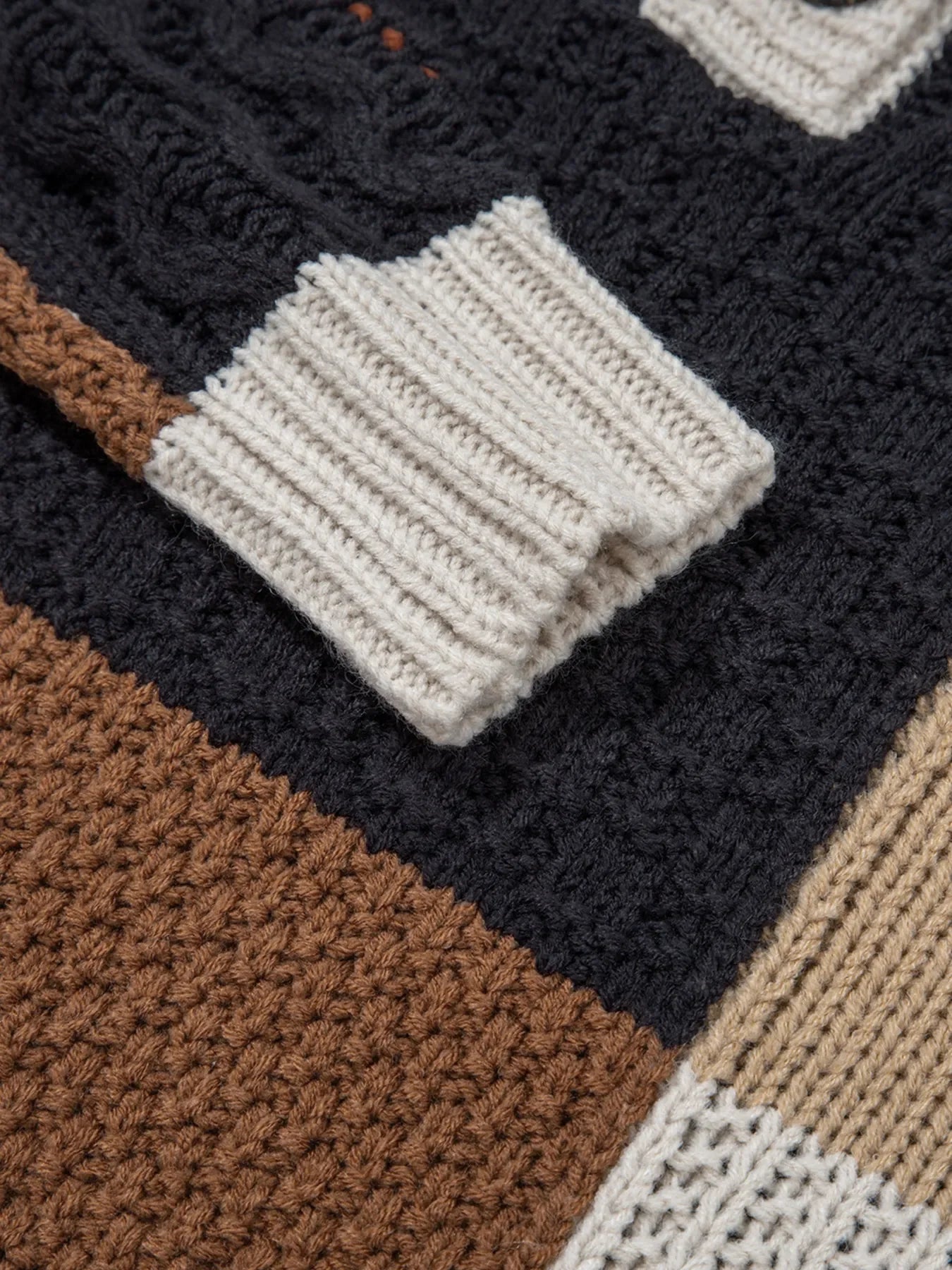 Multicolour Color Block Cable Knit Sleeve Buttons Collared Sweater