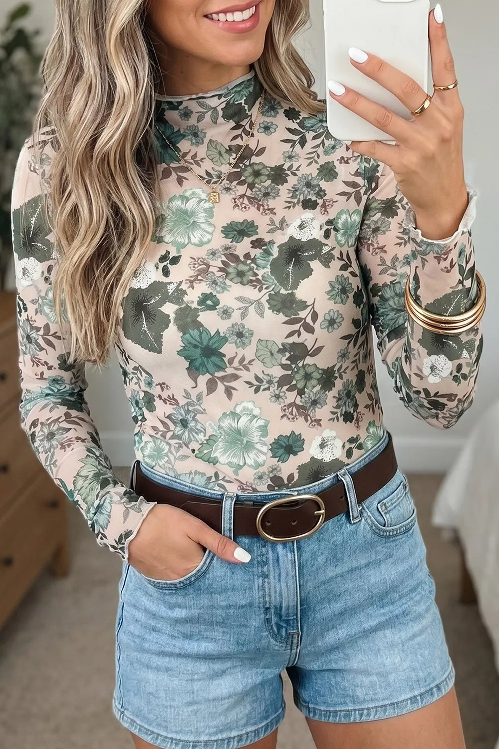 Floral Print Mesh Mock Neck Long Sleeve Top