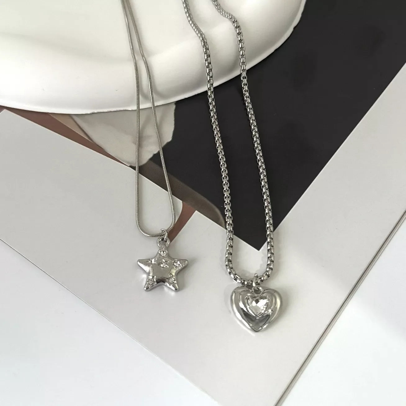 2-Piece Star and Heart Pendant Necklace
