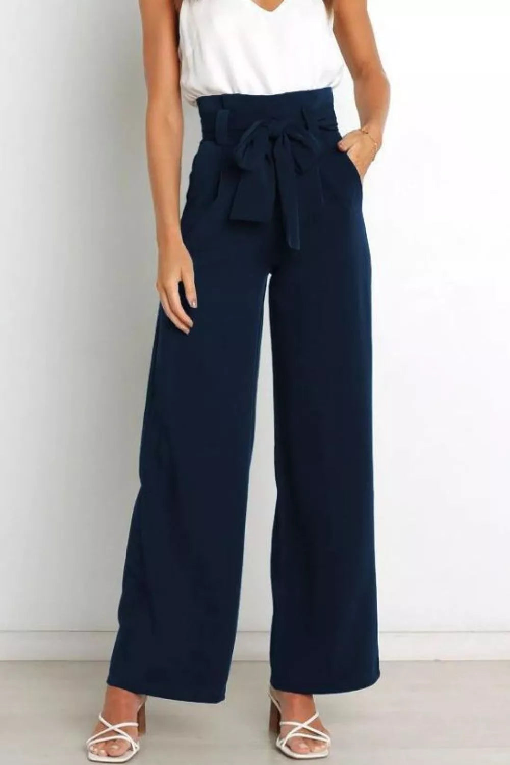 High Waist Tie Front Wide Leg Pants