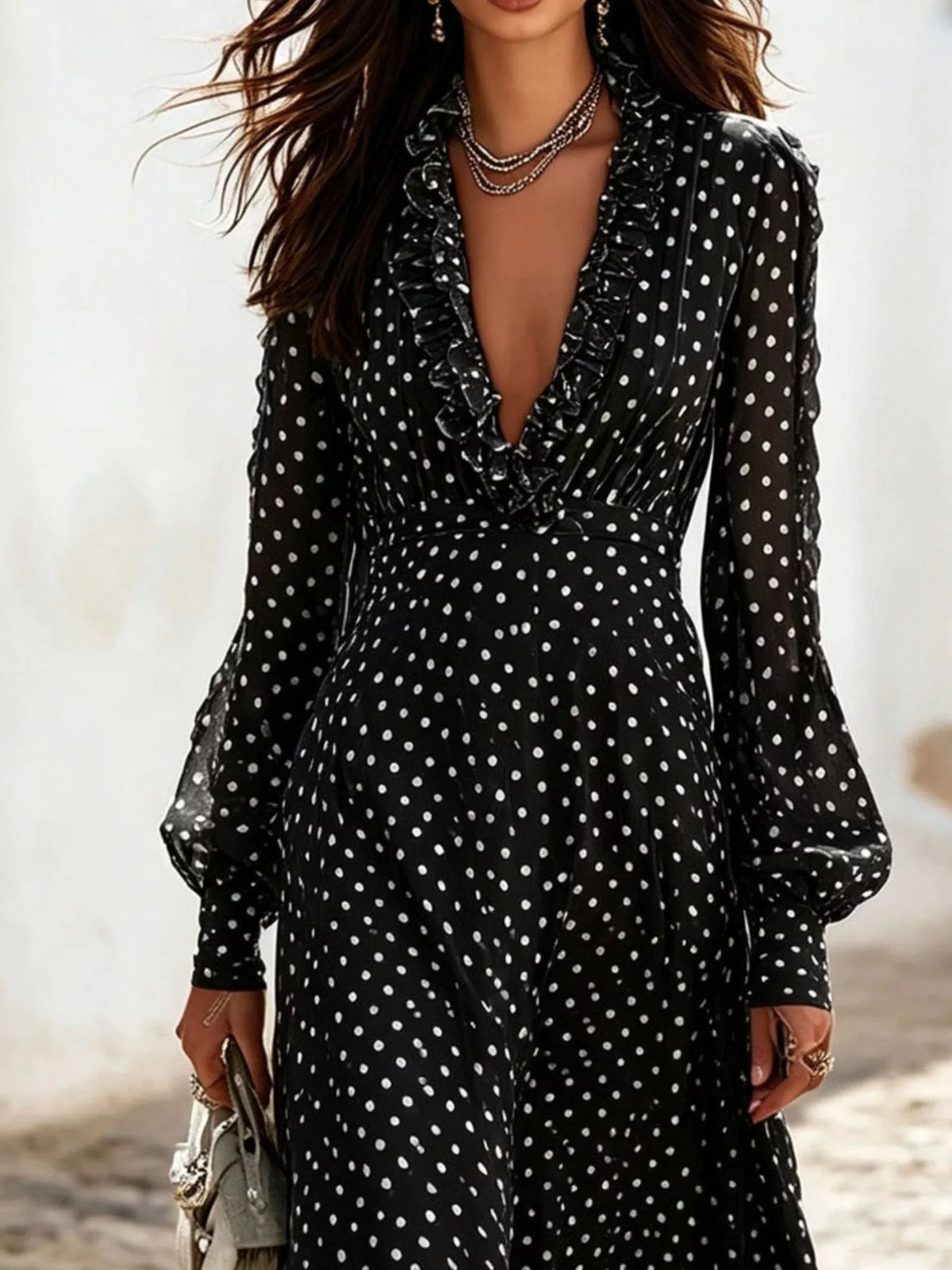 Full Size Polka Dot Ruffle V-Neck Maxi Dress Plus Size