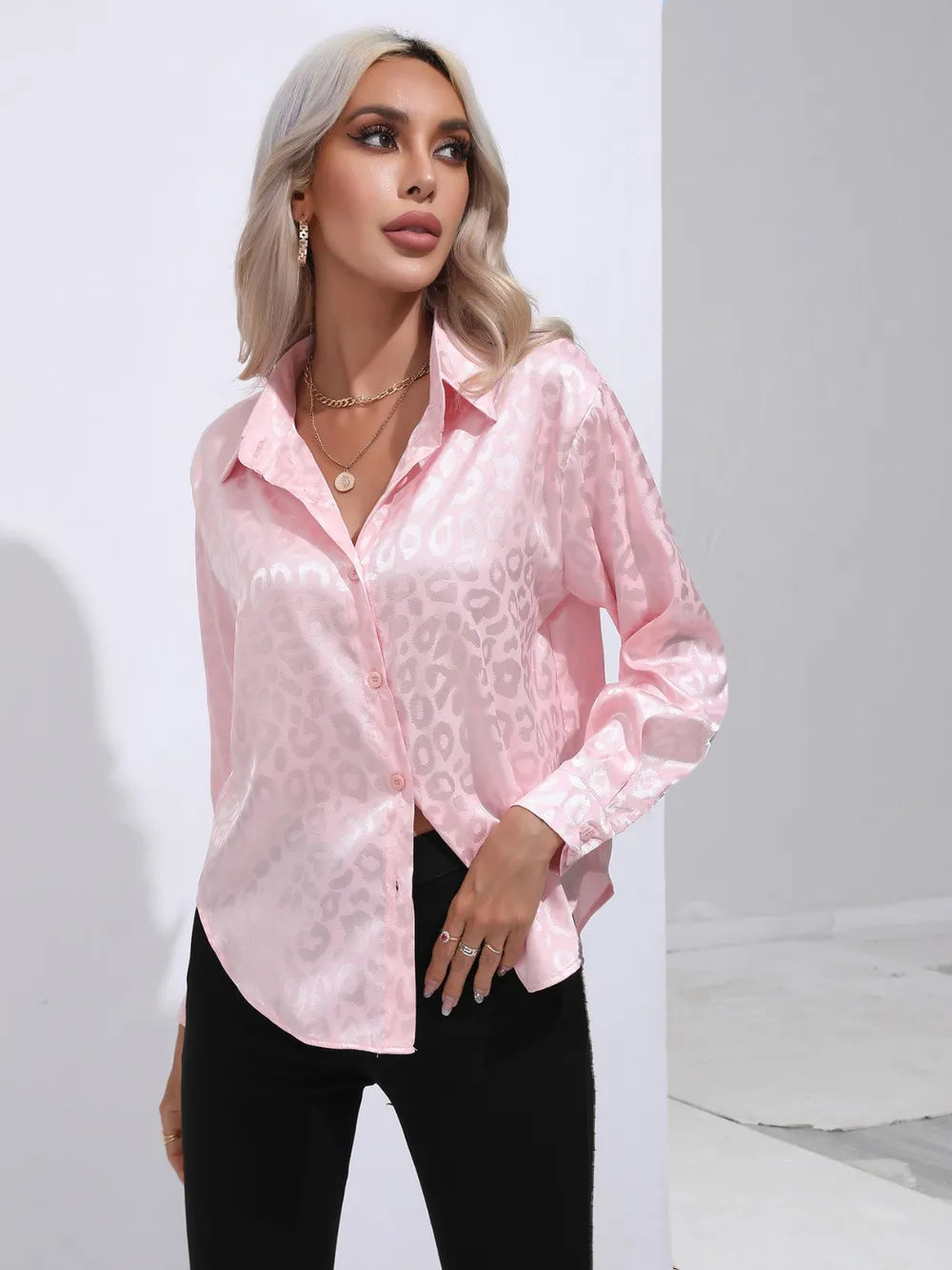 Leopard Collared Neck Long Sleeve Shirt