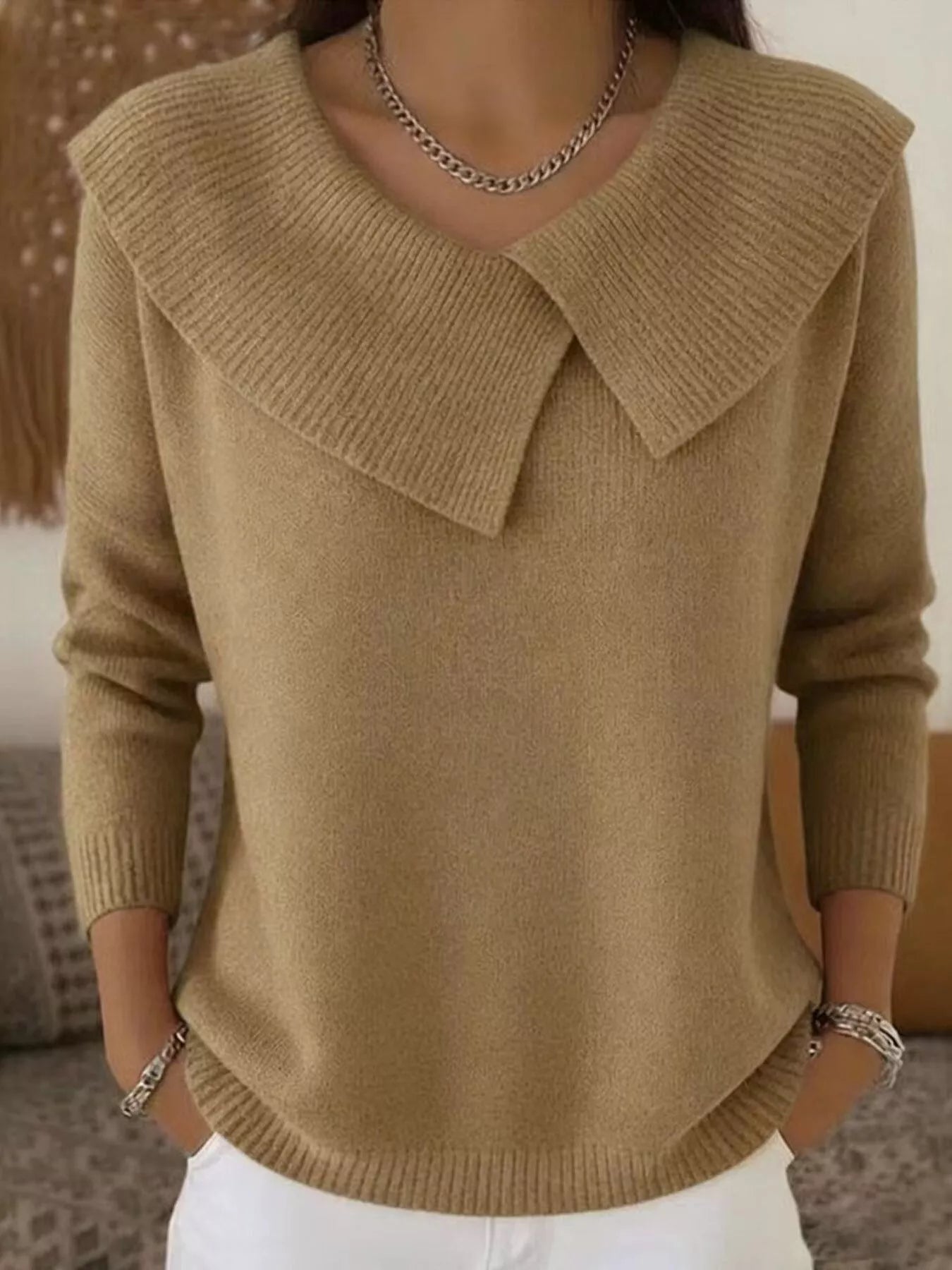 Full Size Solid Color Ribbed Hem Sweater Plus Size