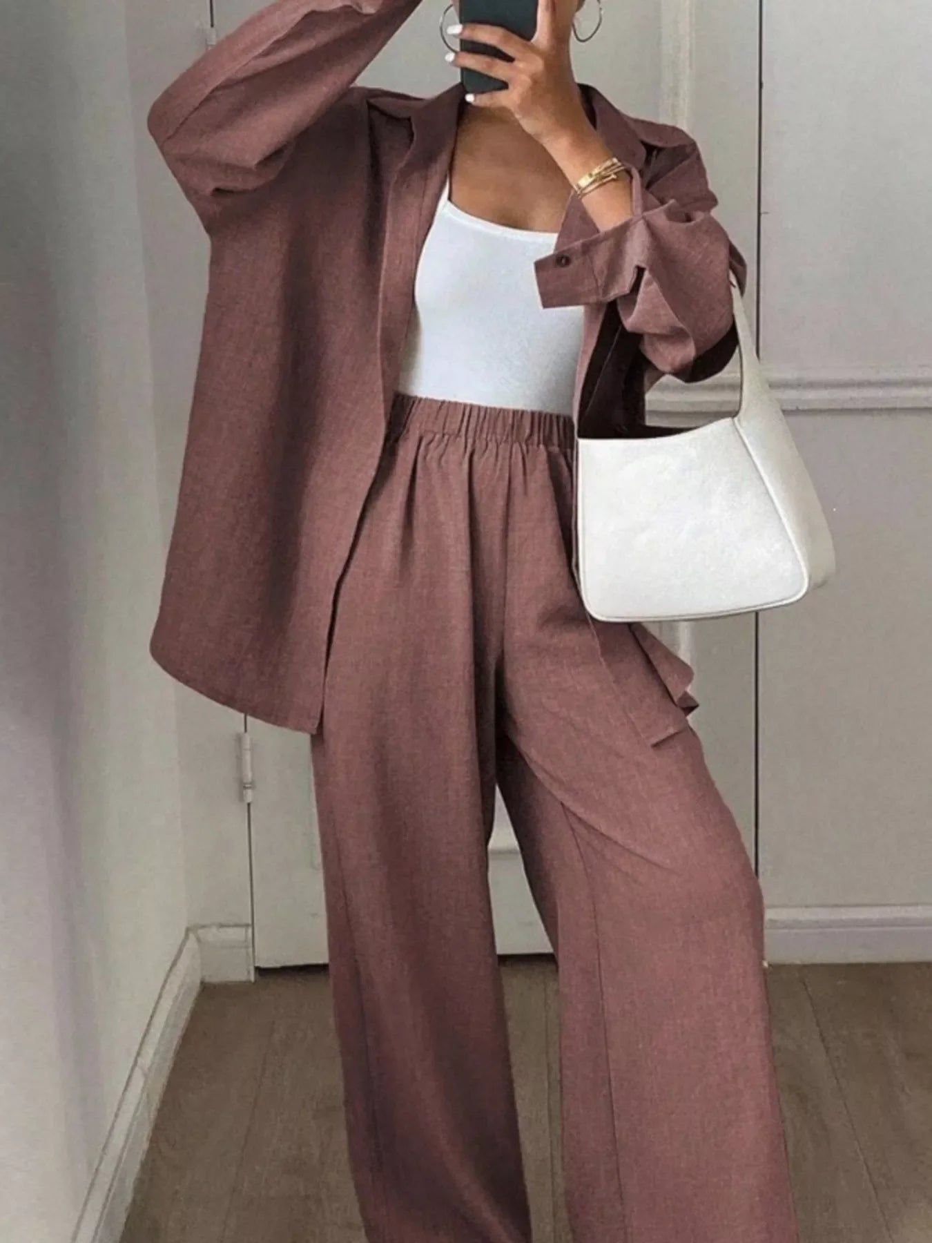 Button Up Long Sleeve Shirt and Wide Leg Pants Set