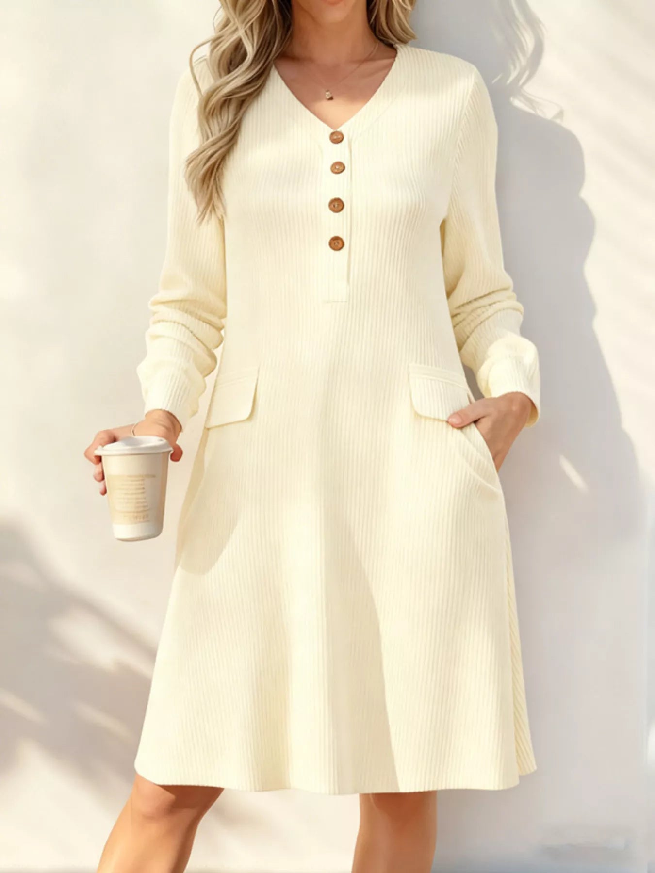 Full Size Ribbed Knit V-Neck Dress Plus Size