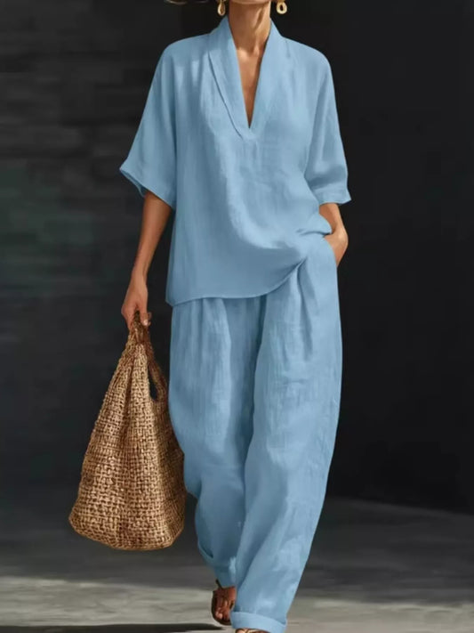 Full Size Half Sleeve Top and Wide Leg Pants Set Plus Size