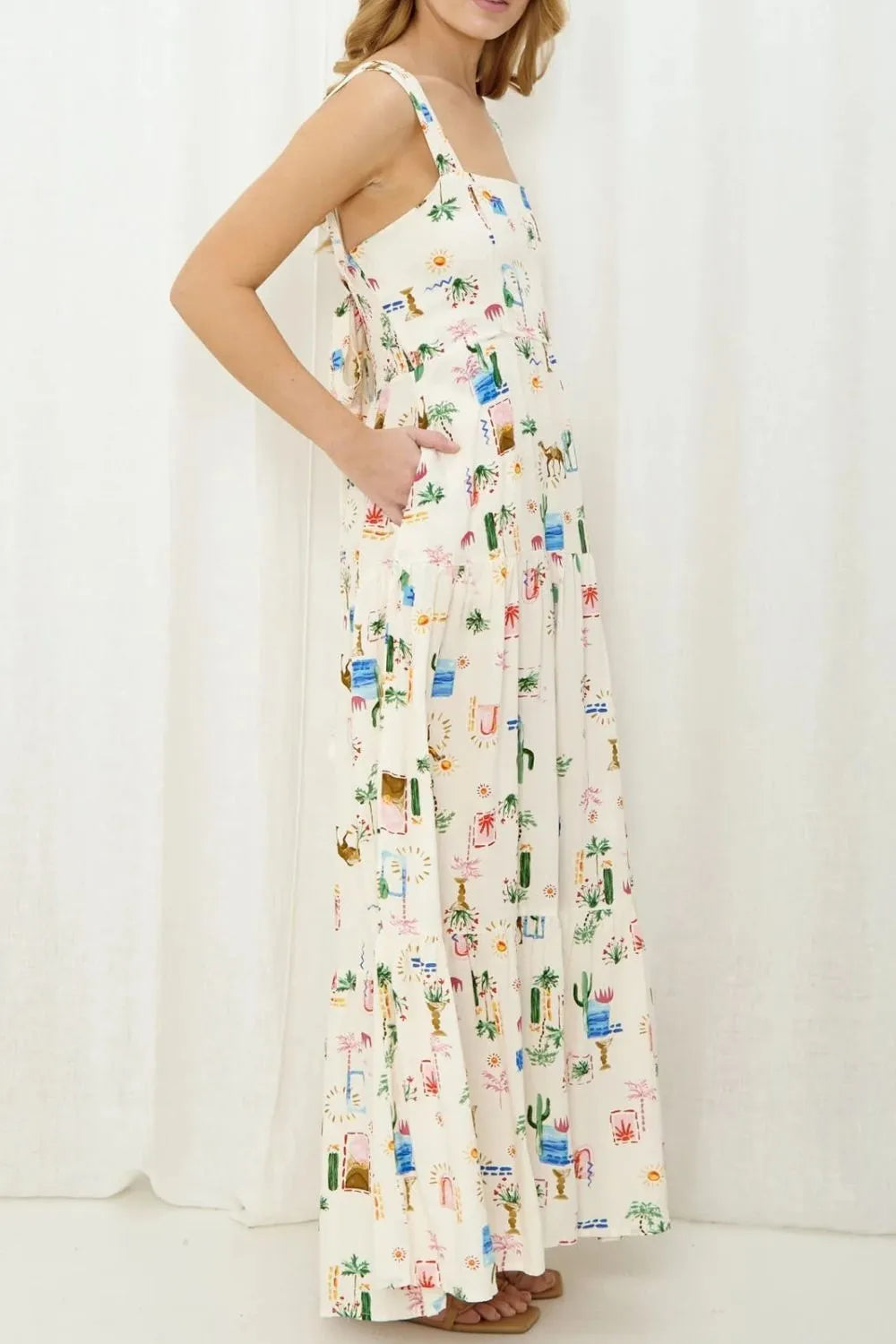 Printed Square Neck Wide Strap Maxi Dress