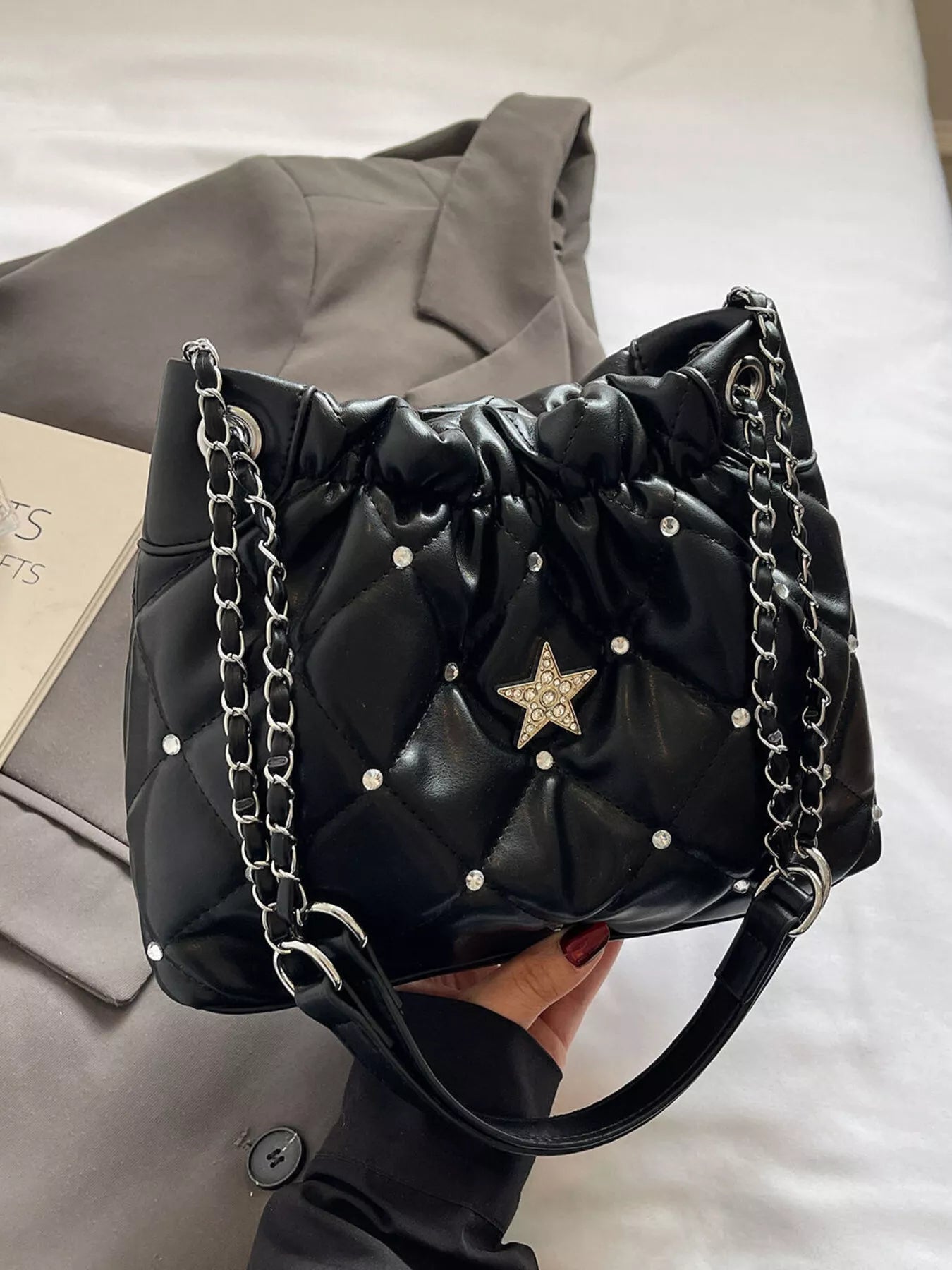Quilted Rhinestone Star Decor Shoulder Bag