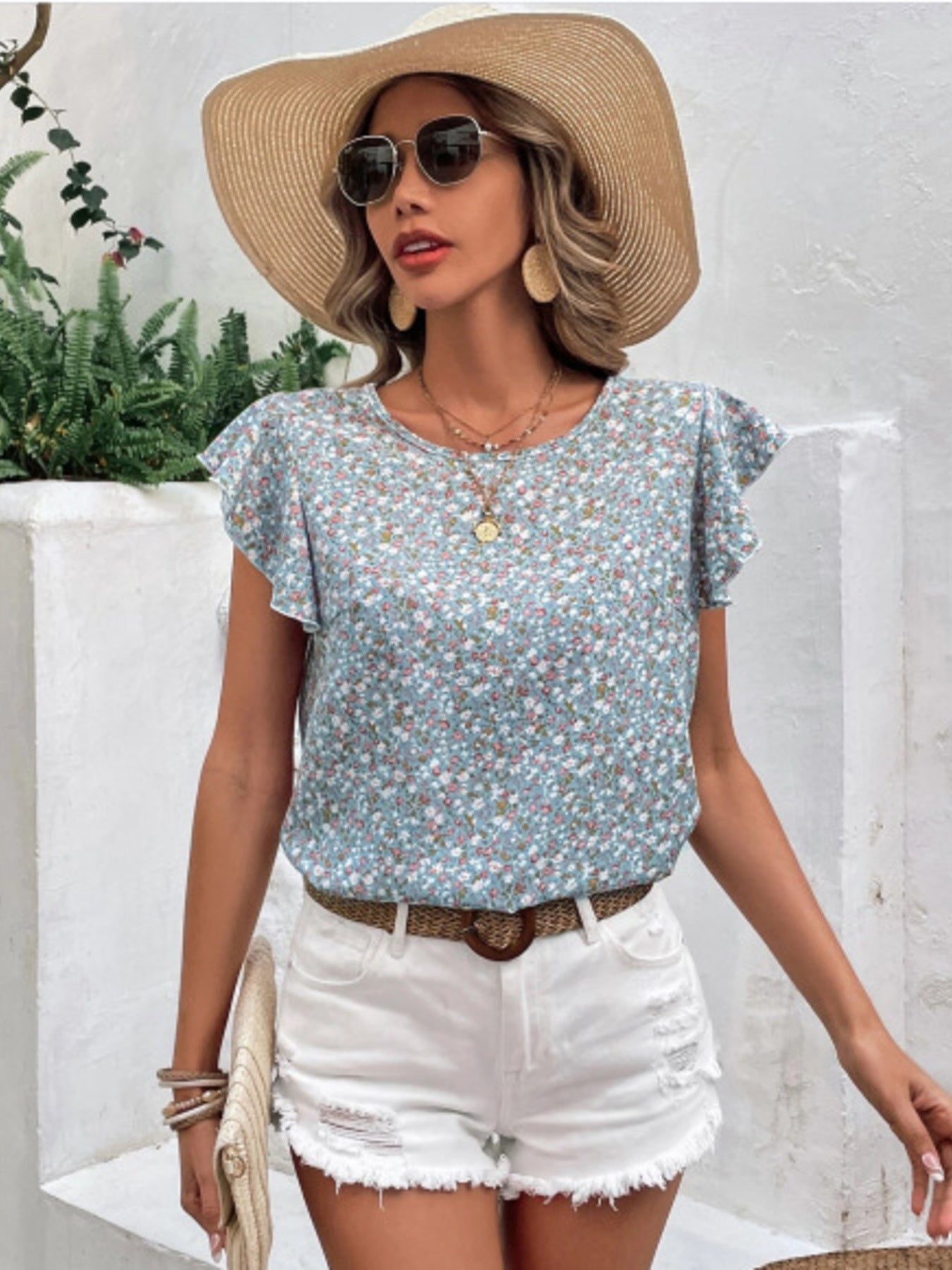 Floral Print Ruffle Sleeve Blouse