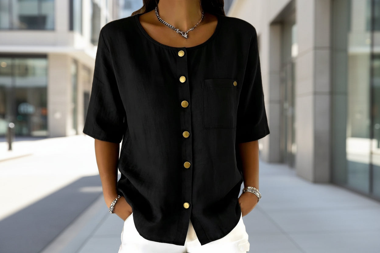 Crew-Neck 3/4 Sleeve Shirt with Metal Buttons – 7 Colors, S–3XL