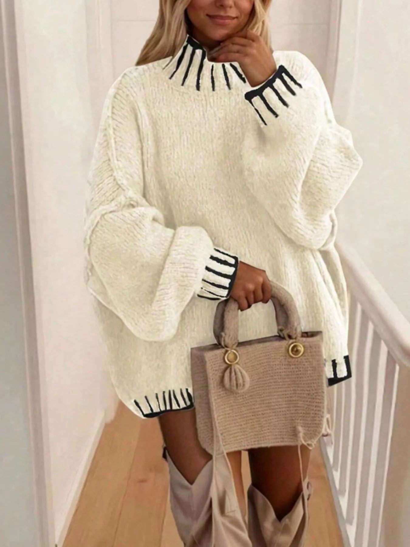 Contrast Trim Chunky Knit Sweater