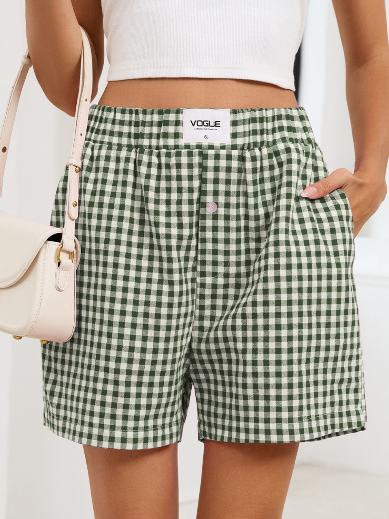 Gingham Elastic Waist Casual Shorts