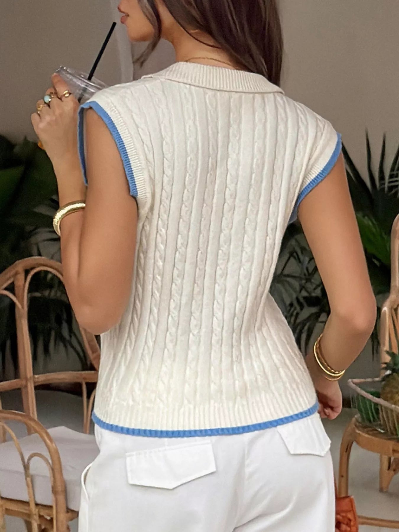 Cable Knit Polo Sweater Vest with Contrast Trim