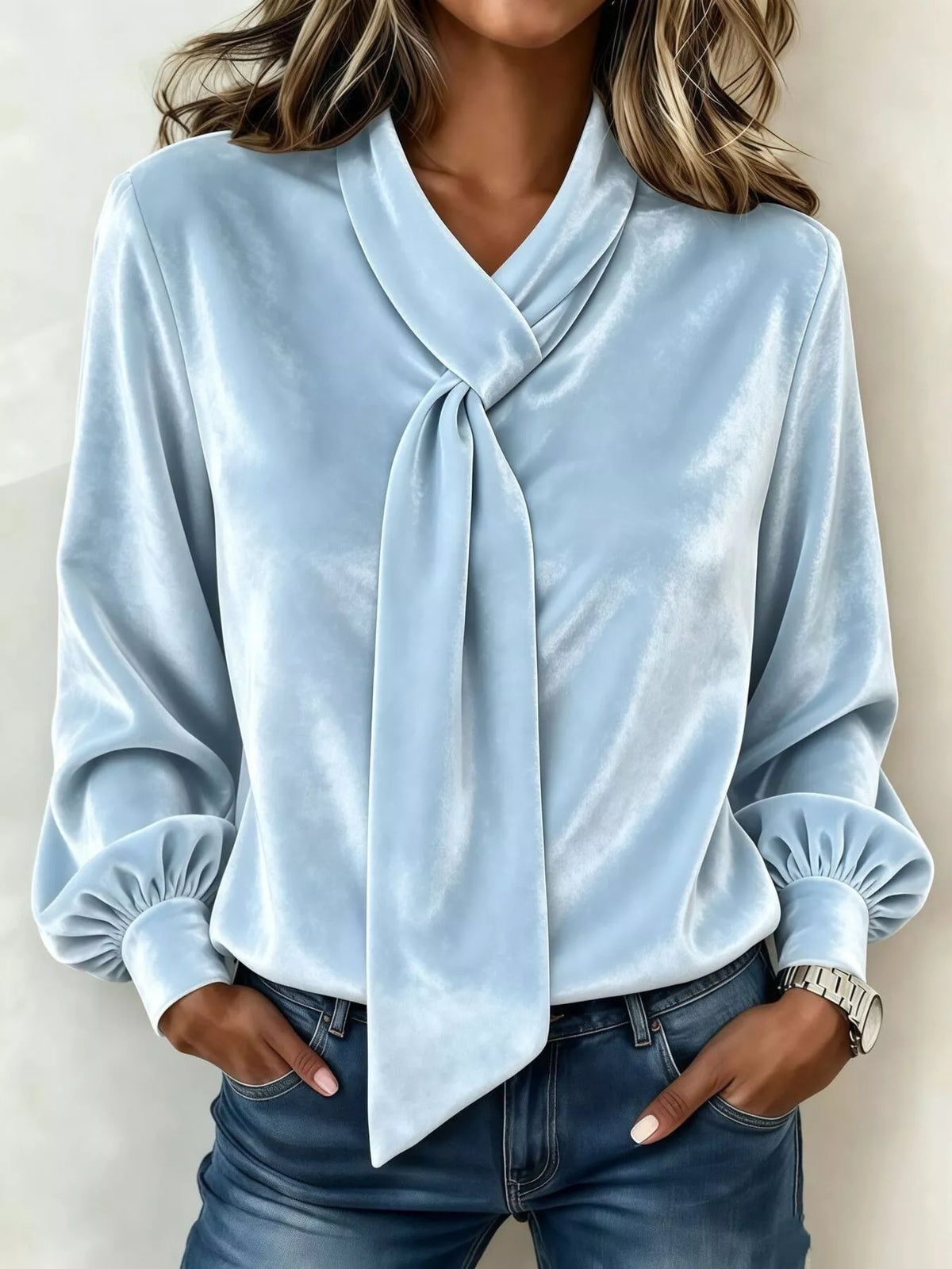 Full Size Velvet Tie-Neck Long Sleeve Blouse Plus Size