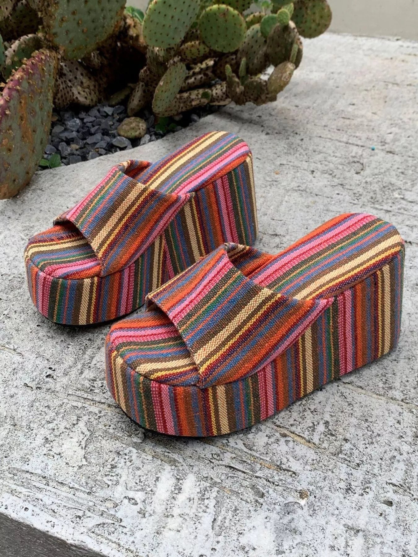 Striped Platform Wedge Sandals