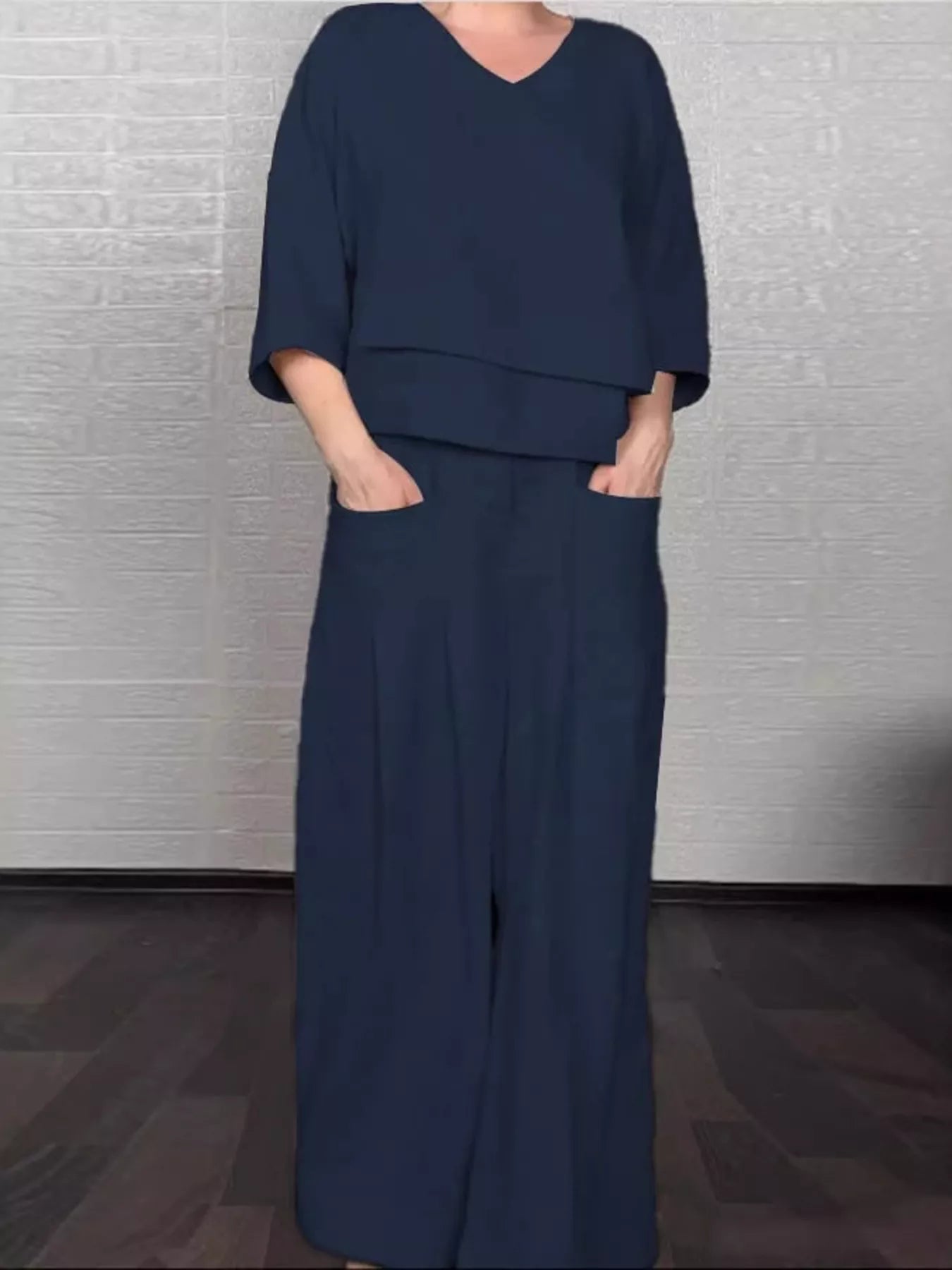 Full Size V-Neck Long Sleeve Top and Pants Set Plus Size