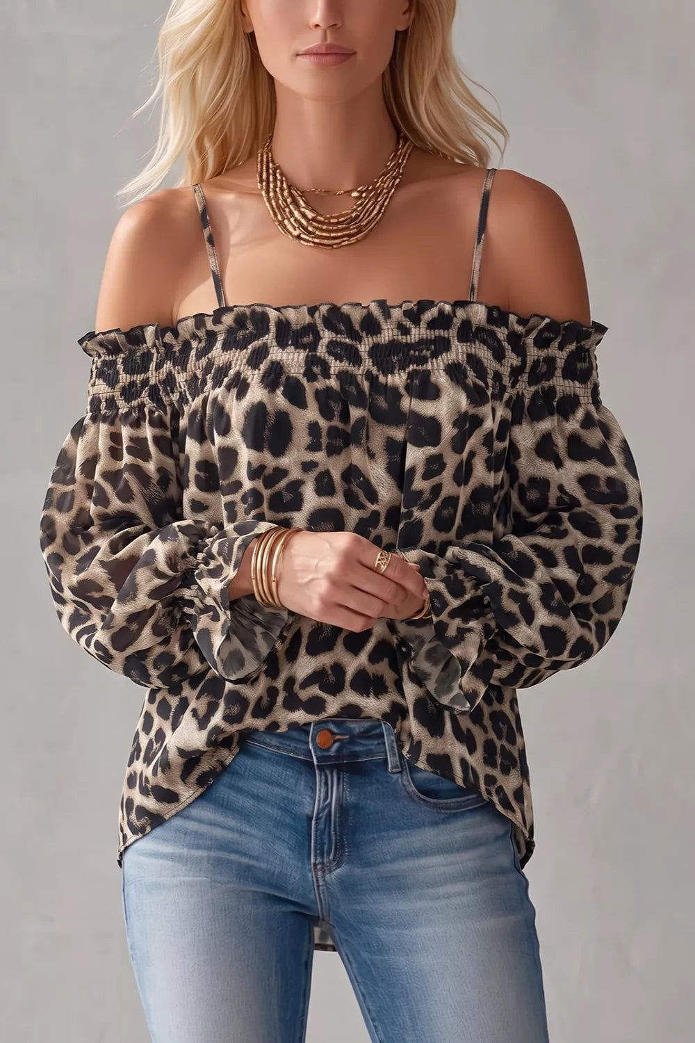 Spaghetti Strap Leopard Long Sleeve Blouse