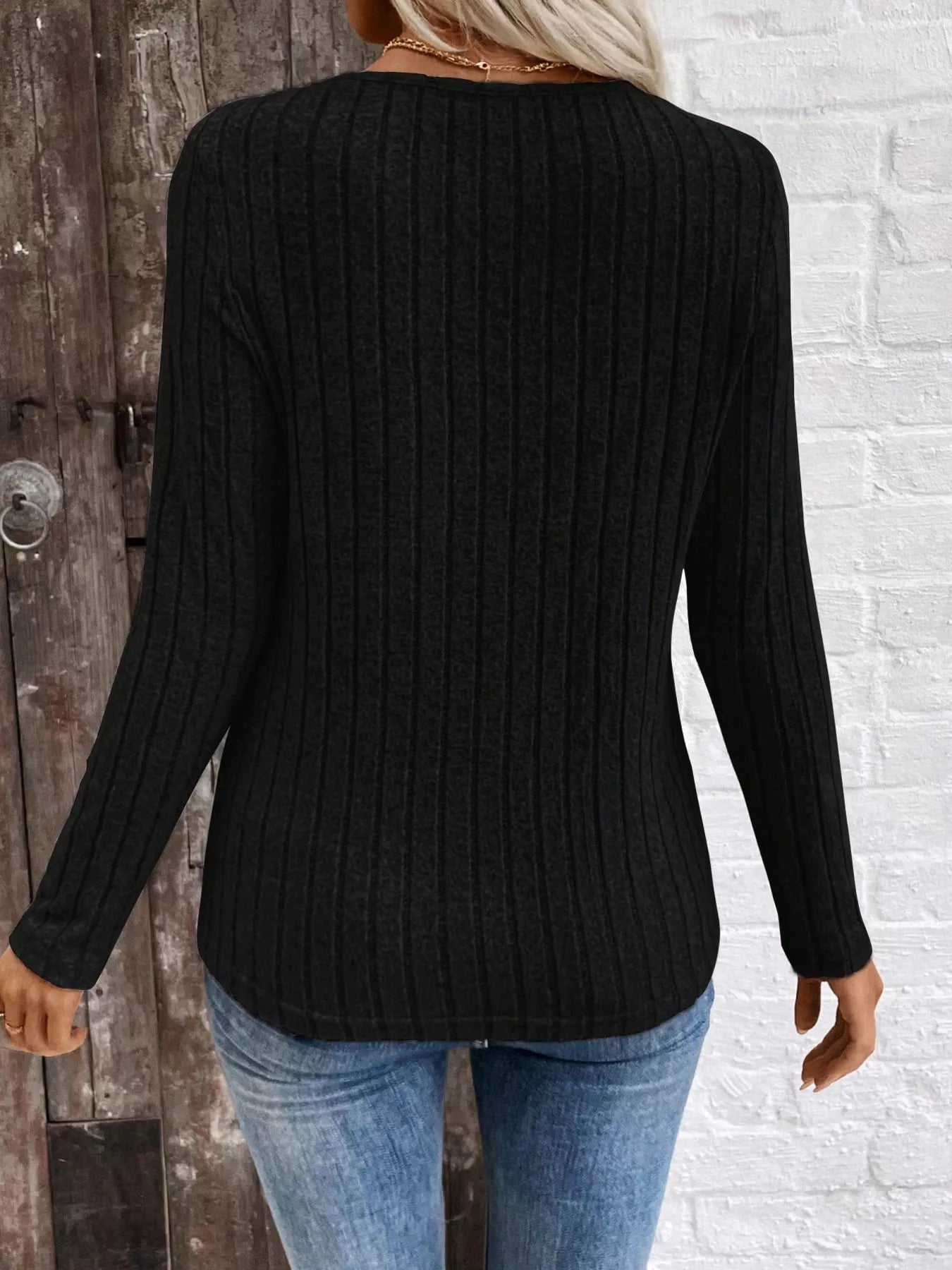 Ribbed V-Neck Long Sleeve T-Shirt