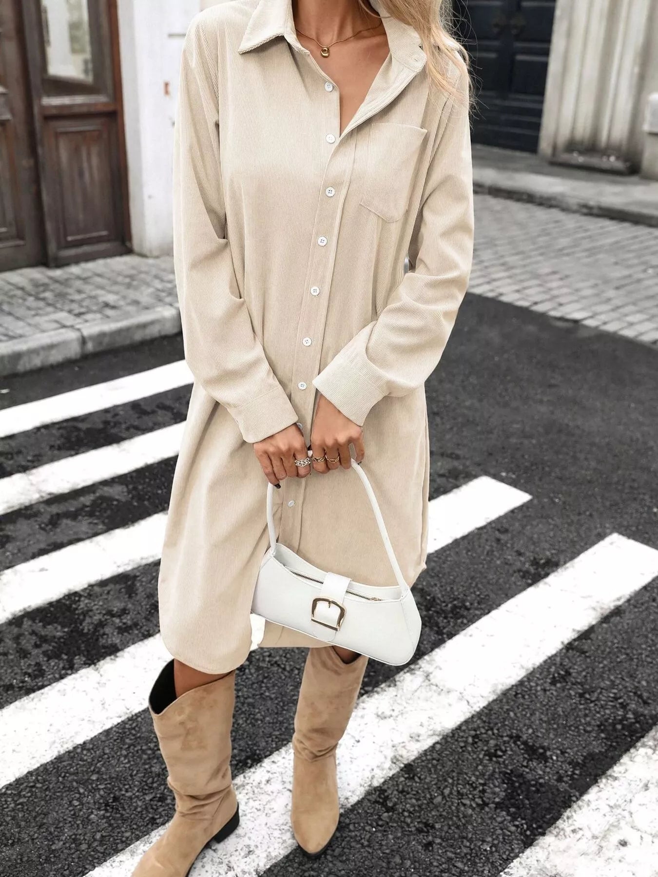 Corduroy Shirt Dress with Button-Down Front