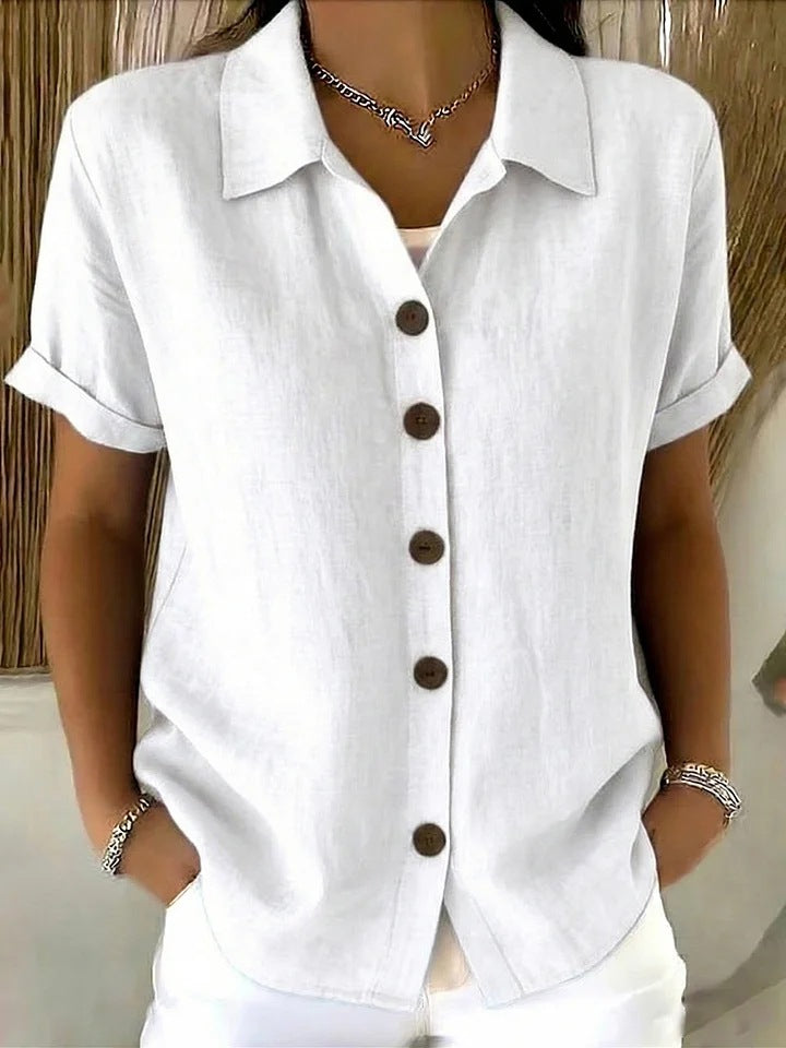 Shirt Collar Short Sleeve Button Top – Loose Fit Cotton-Linen Casual