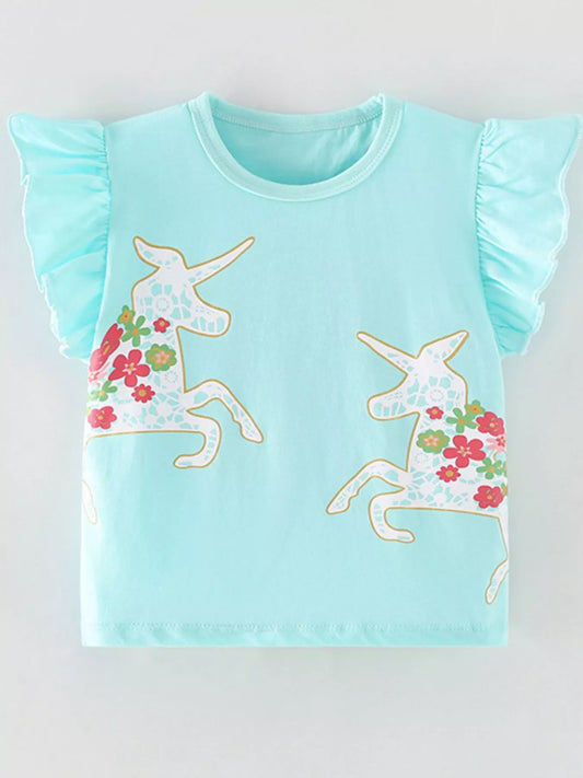 Children's Cute Unicorn Floral Print Ruffle Sleeve T-Shirt
