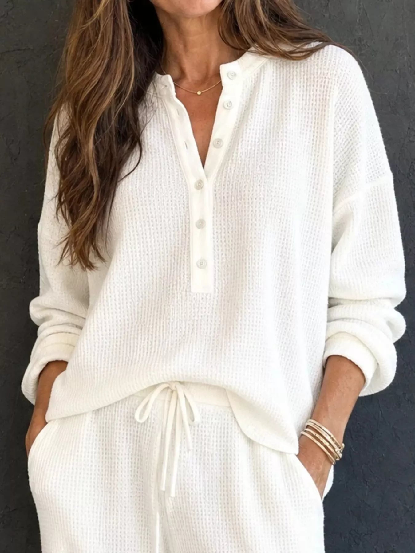 Waffle Knit Henley Top and Wide Leg Pants Set