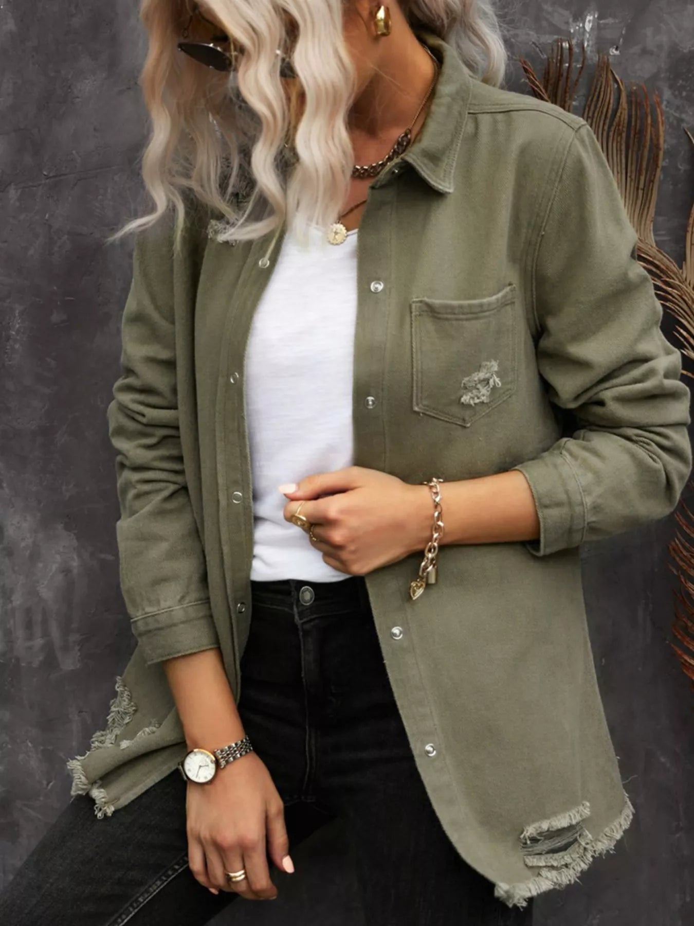 Raw Hem Distressed Denim Shirt Jacket