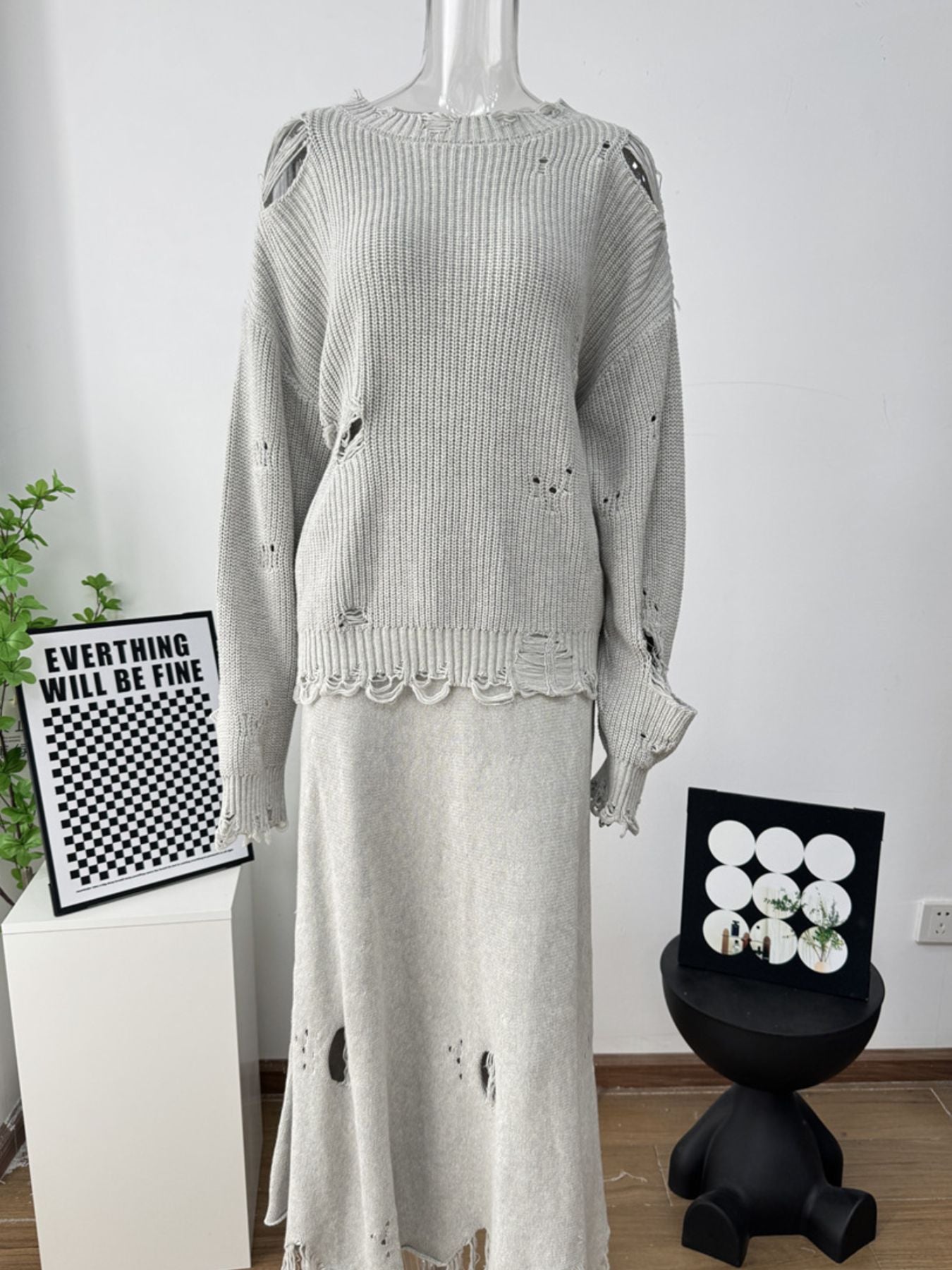 Distressed Long Sleeve Sweater and Skirt Set