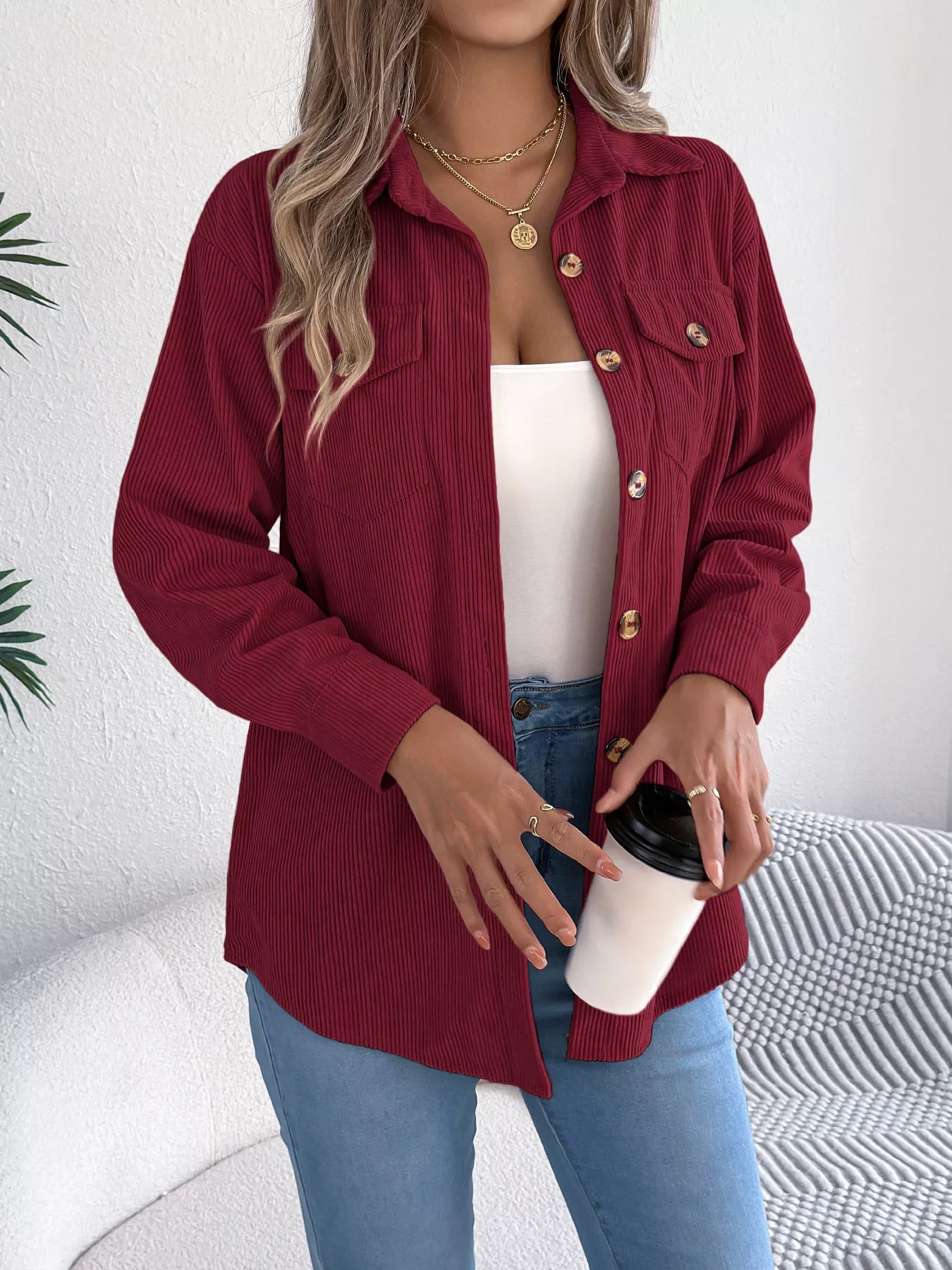Casual Corduroy Button-Up Shacket