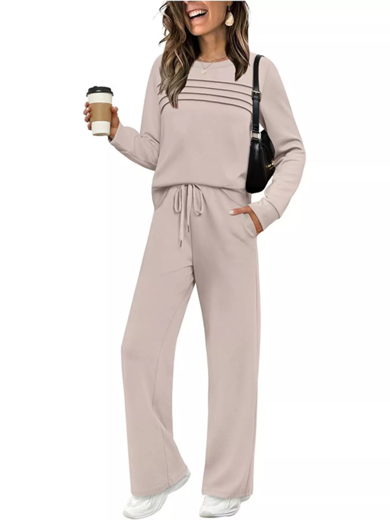 Full Size Casual Long Sleeve Crewneck Top and Drawstring Pants Set Plus Size