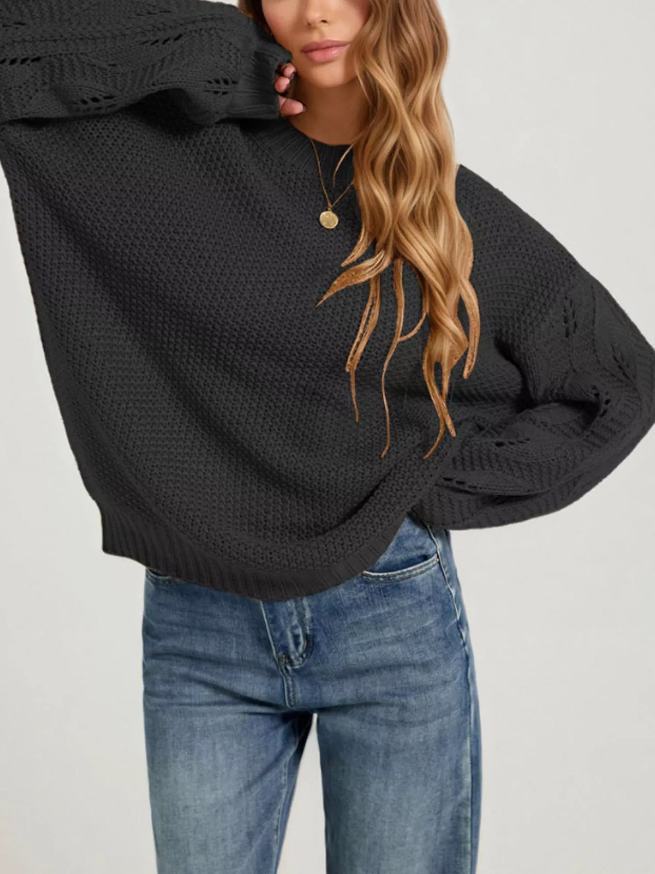 Textured Knit Openwork Dropped Shoulder Sweater