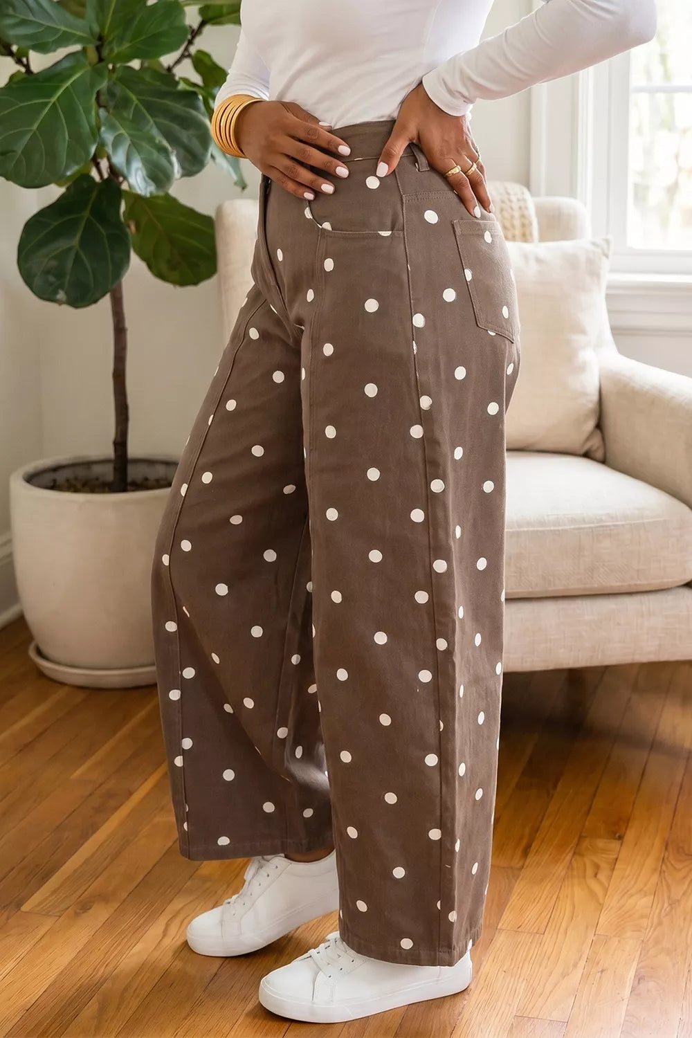 Tailored Seam Polka Dot Print Barrel Casual Jeans