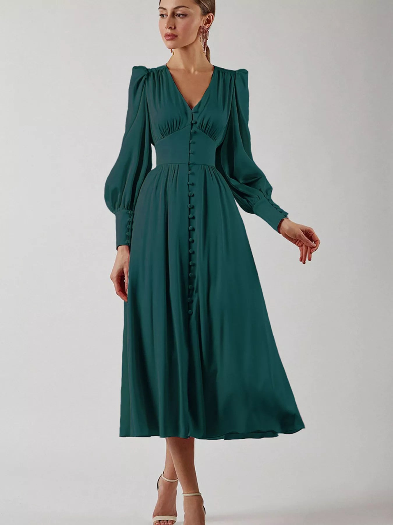Elegant V-Neck Puff Sleeve Button-Down Midi Dress