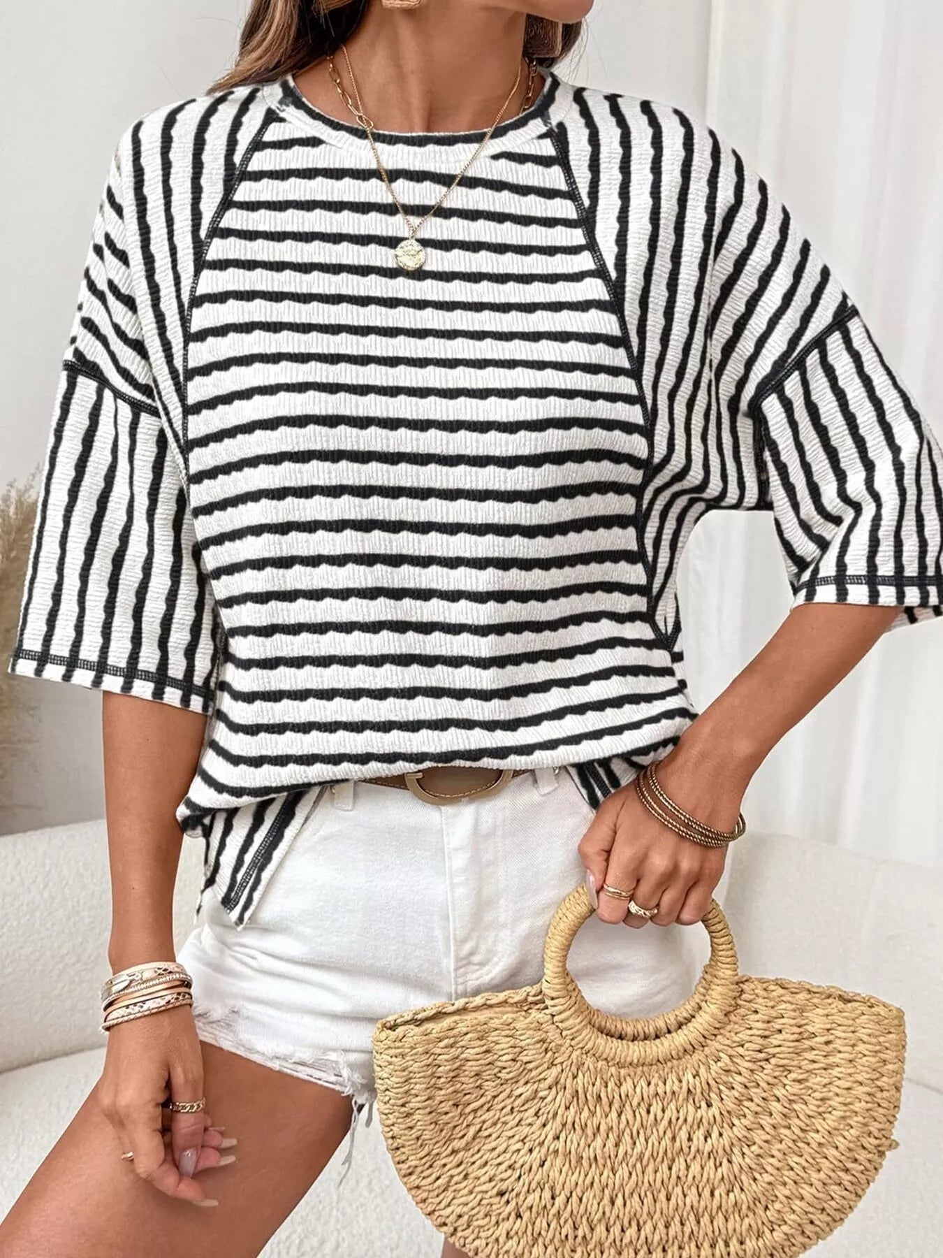 Casual Striped Raglan Sleeve Textured T-Shirt