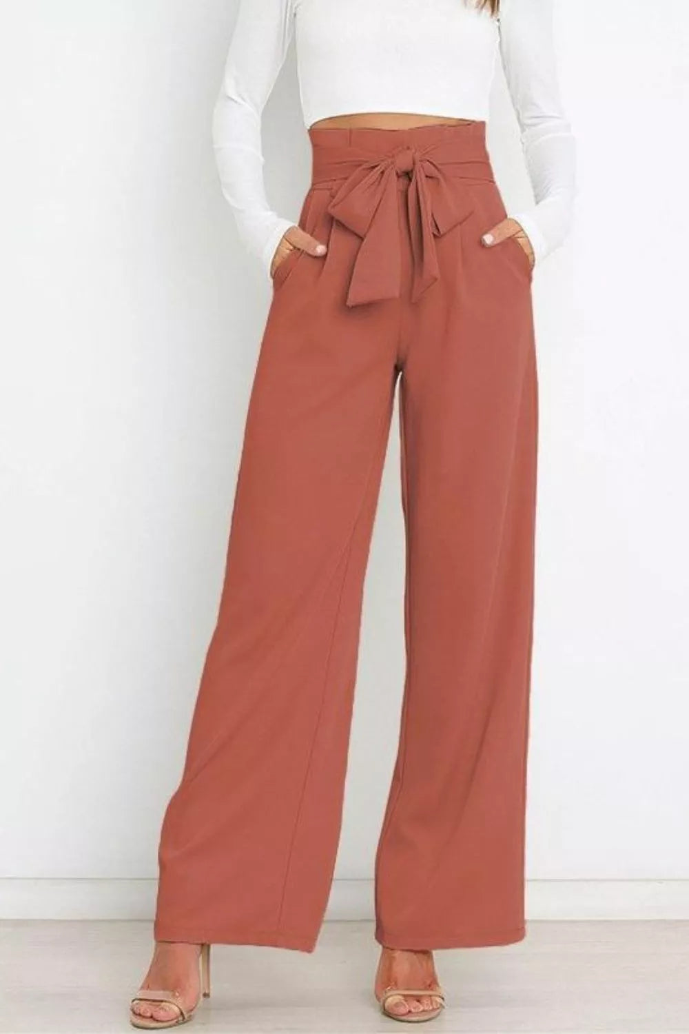 High Waist Tie Front Wide Leg Pants