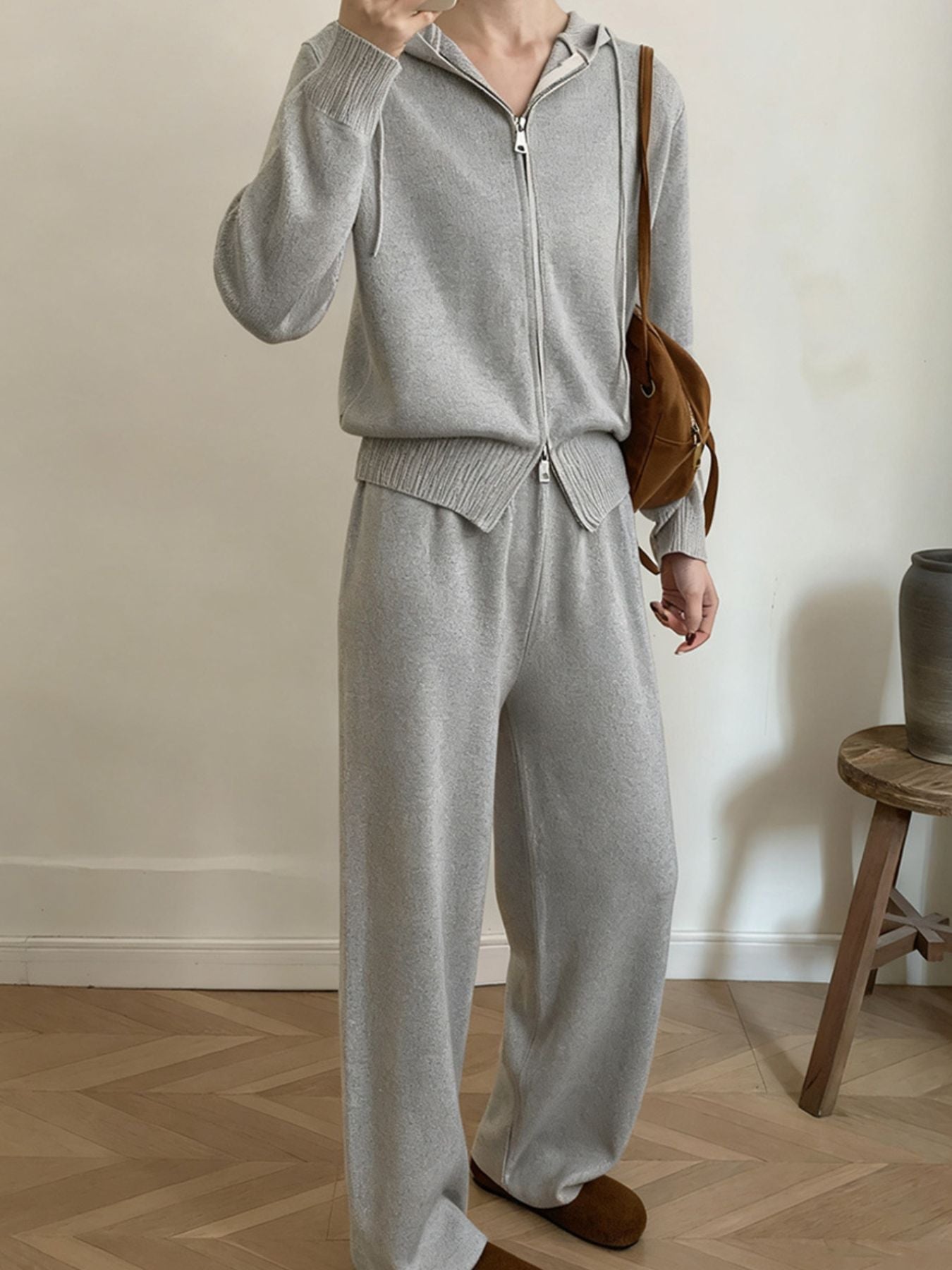 Zip Up Cardigan and Drawstring Wide Leg Pants Knit Set