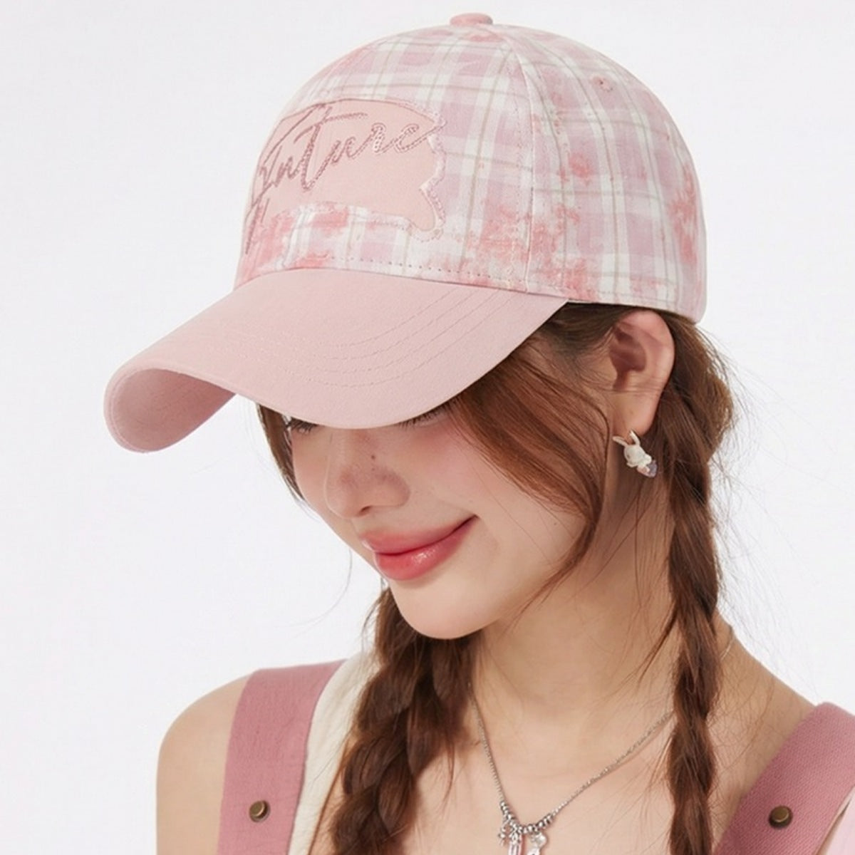 Plaid Baseball Cap with Sequin Detail