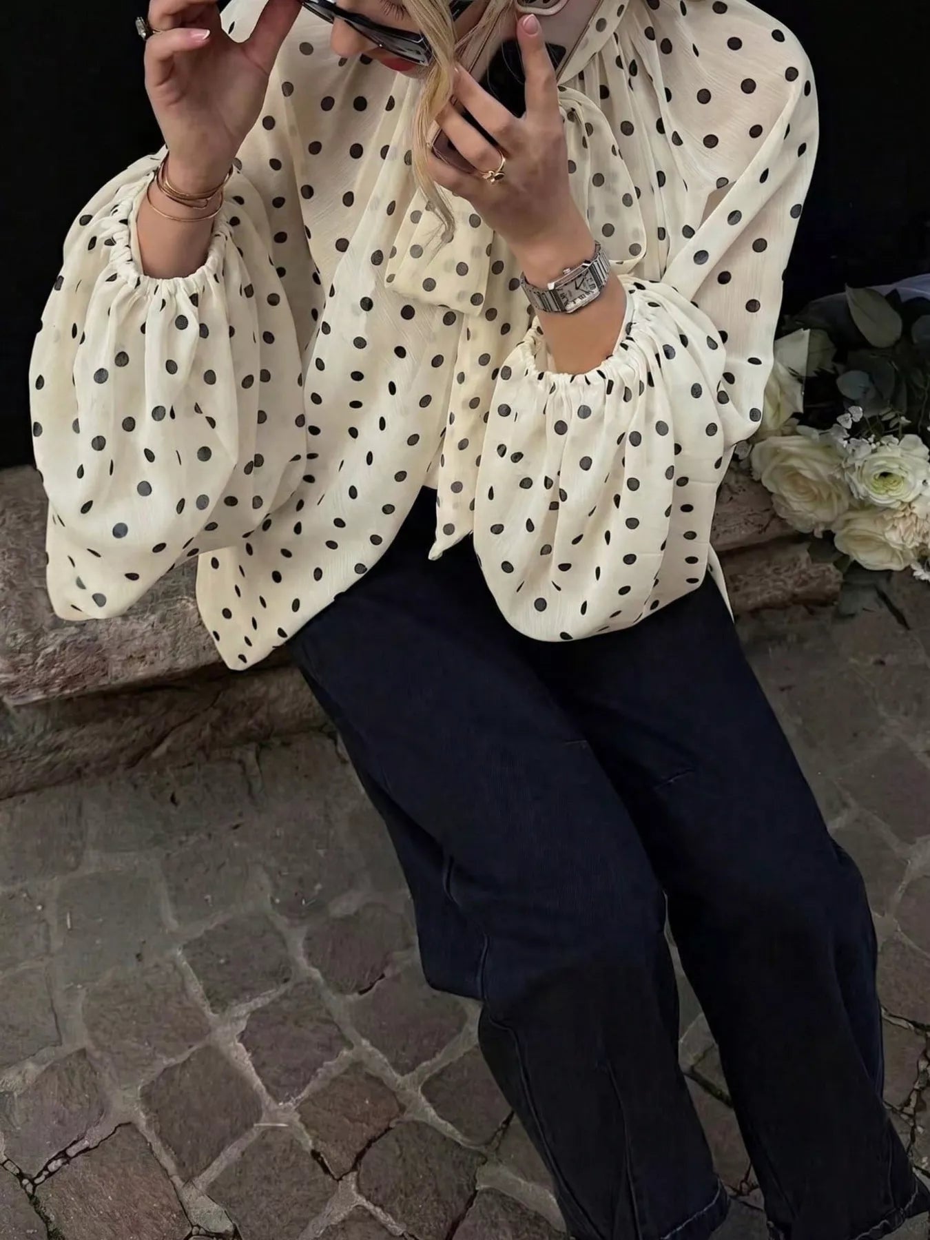 Polka Dot Balloon Sleeve Blouse