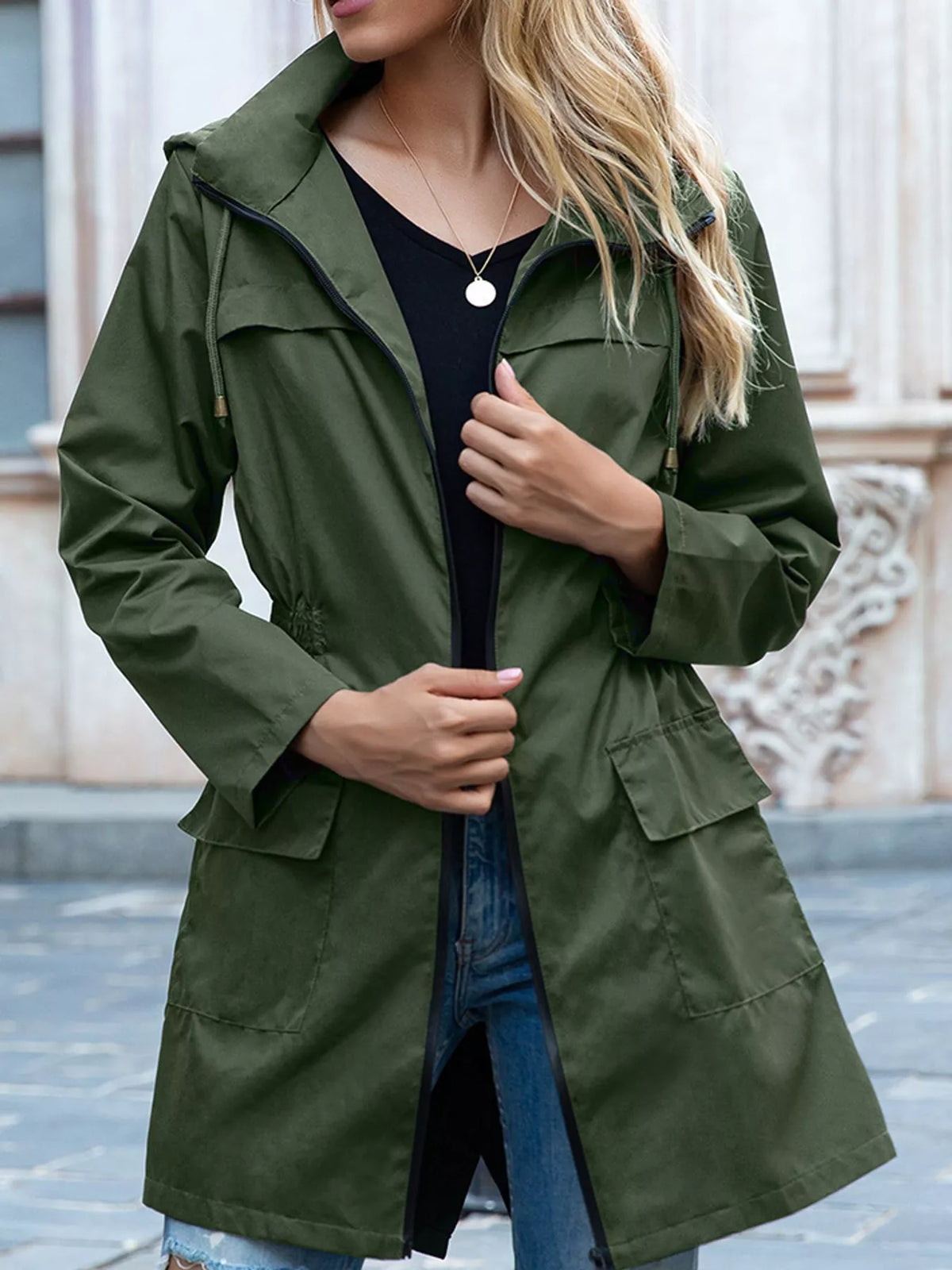 Zip Up Drawstring Waist Hooded Jacket