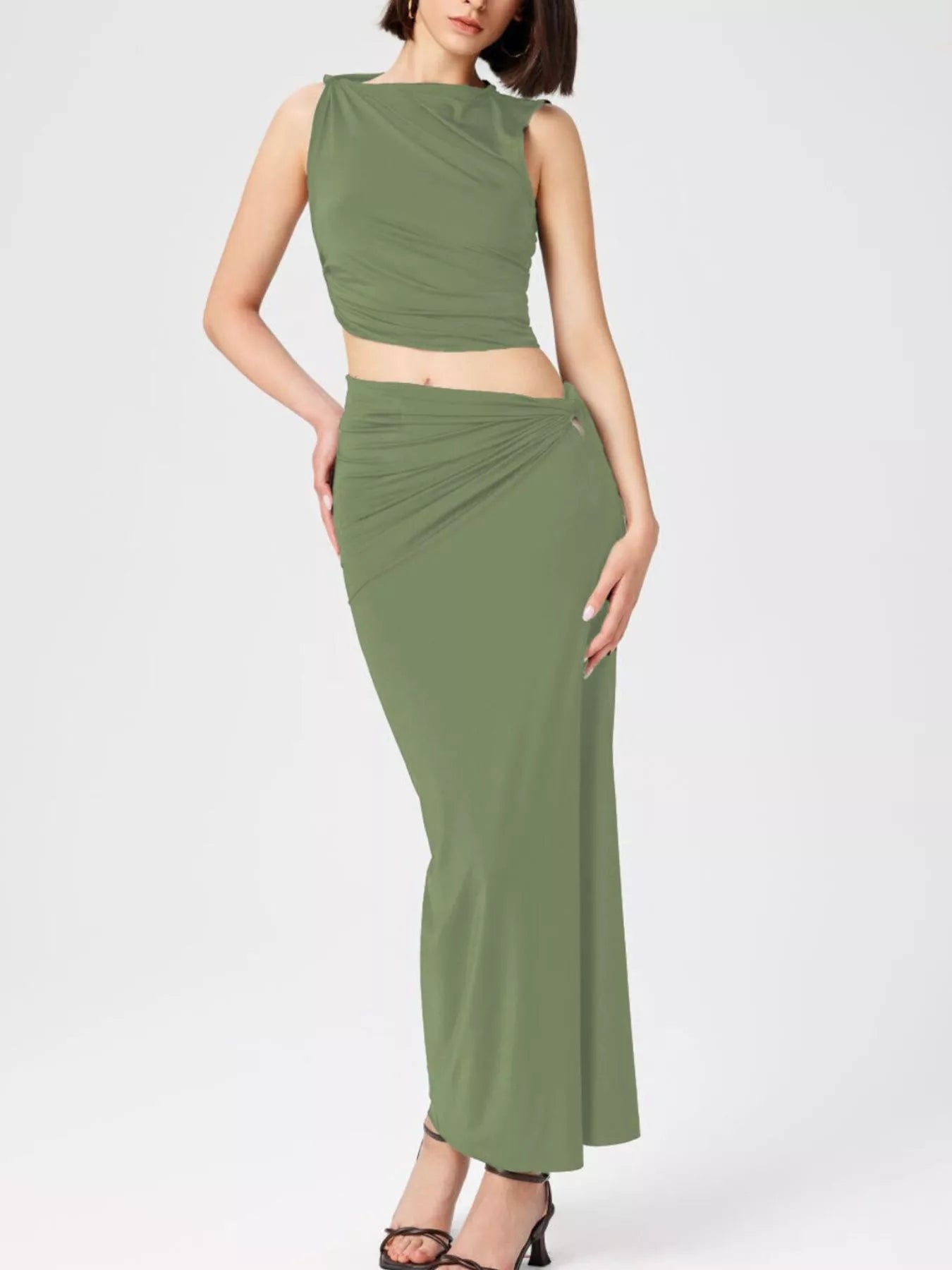 Asymmetrical Ruched Knit Top and Skirt Set