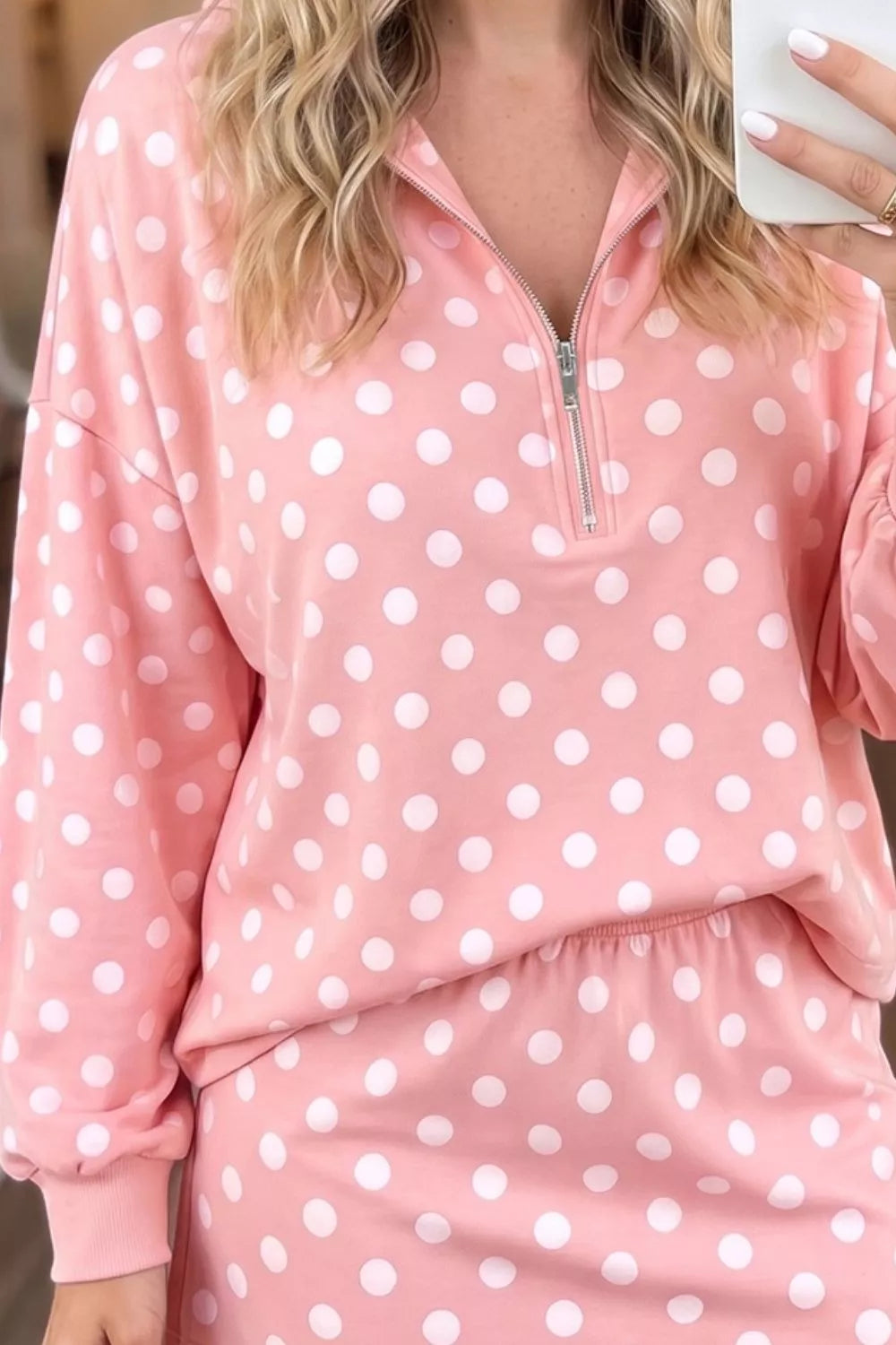 Polka Dot Quarter Zip Sweatshirt and Shorts Set