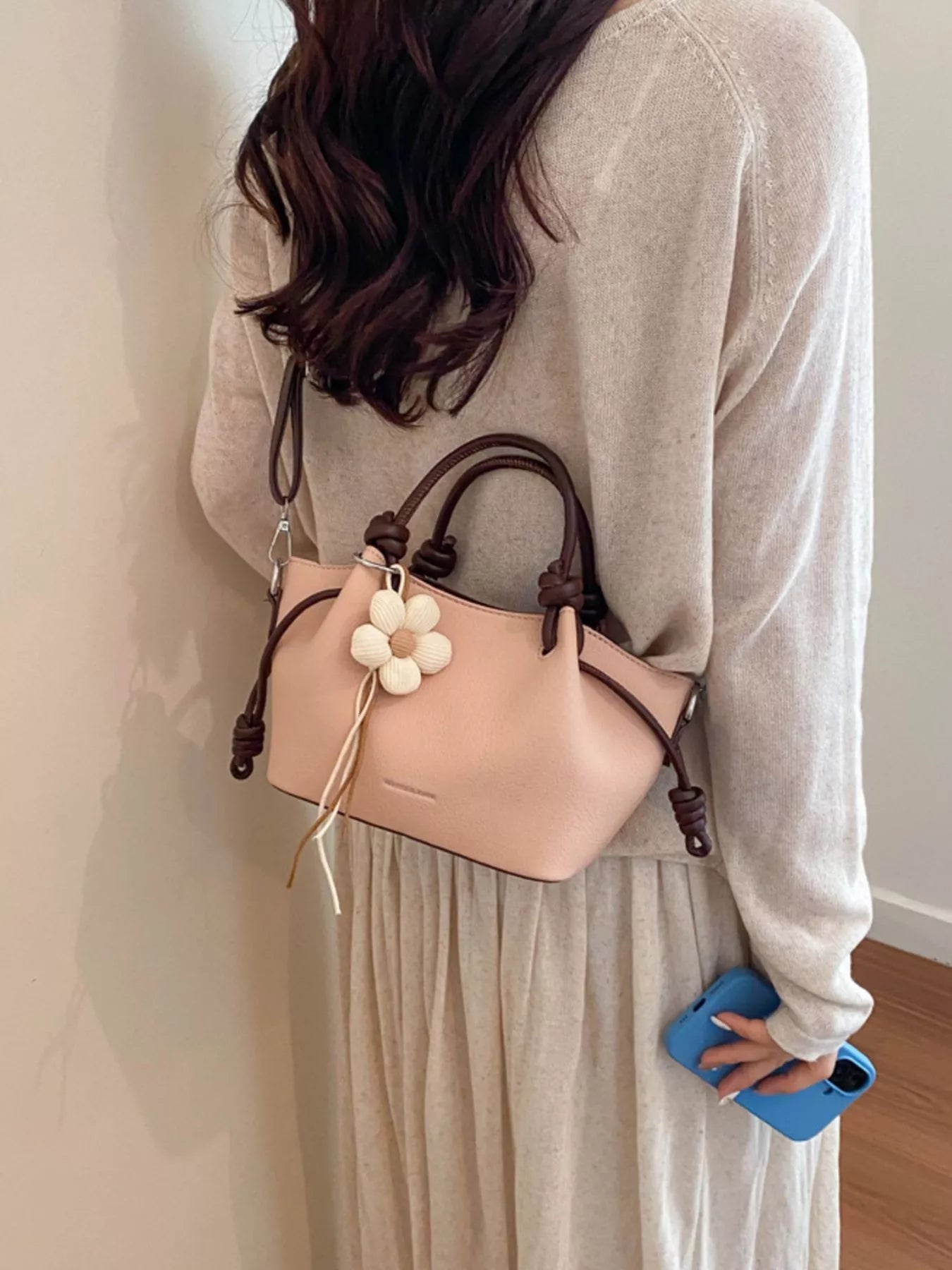 Leather Crossbody Bag with Flower Charm