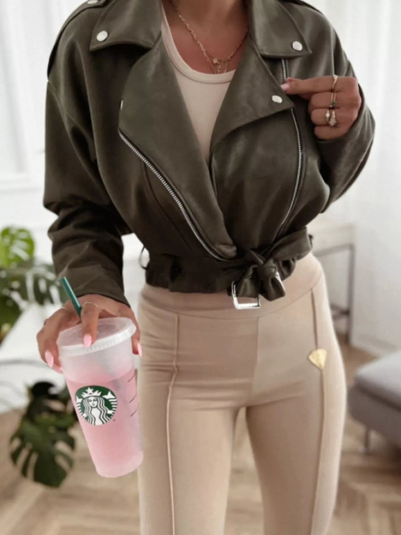 Cropped Biker Jacket with Belt Detail