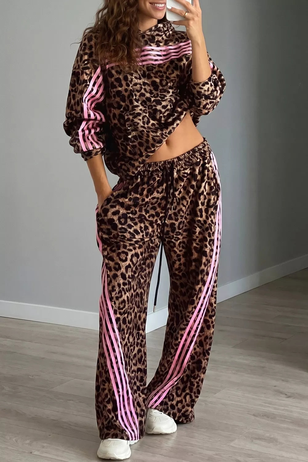 Leopard Print Contrast Striped Detail Long Sleeve Top Pant Set