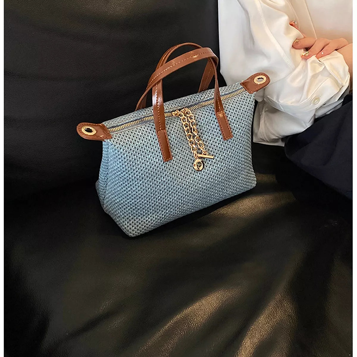 Woven Crossbody Bag with Leather Accents