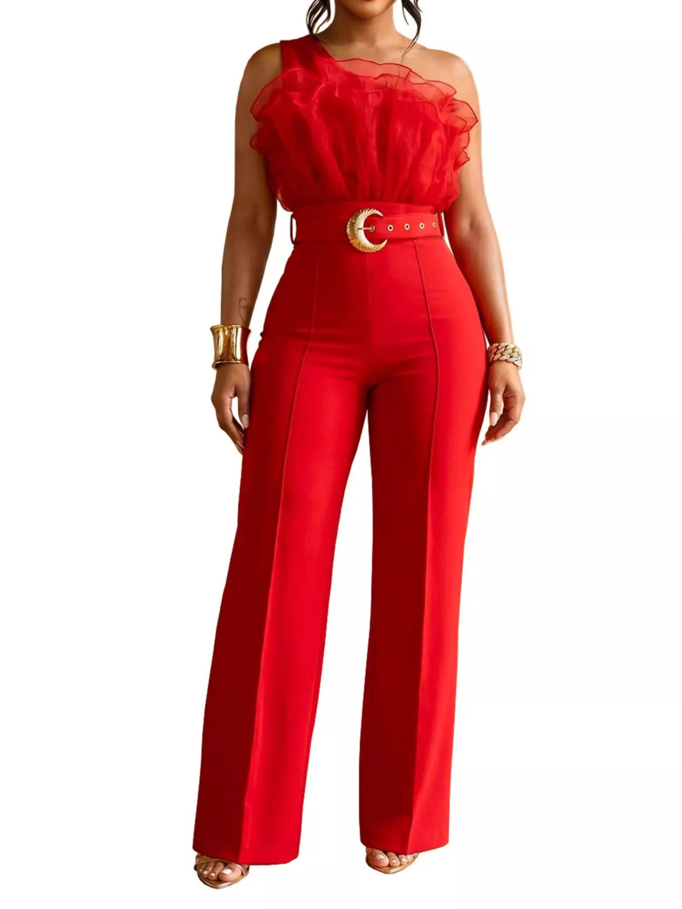 One-Shoulder Ruffled Wide-Leg Jumpsuit