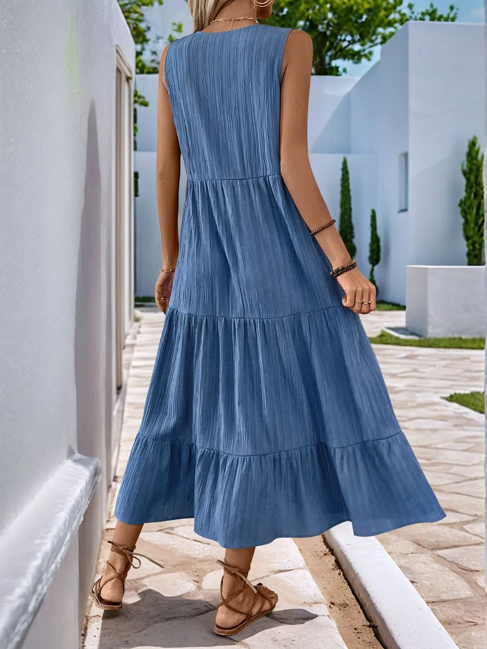 Perfee Decorative Button Notched Sleeveless Tiered Dress