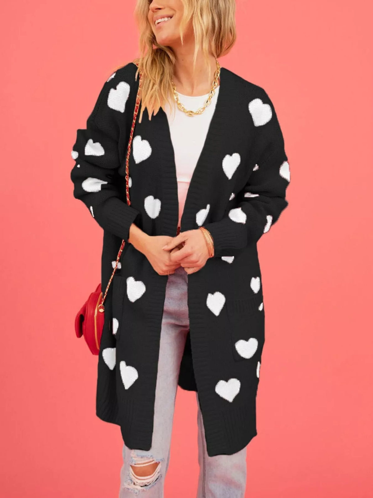 Heart Pattern Open Front Longline Cardigan
